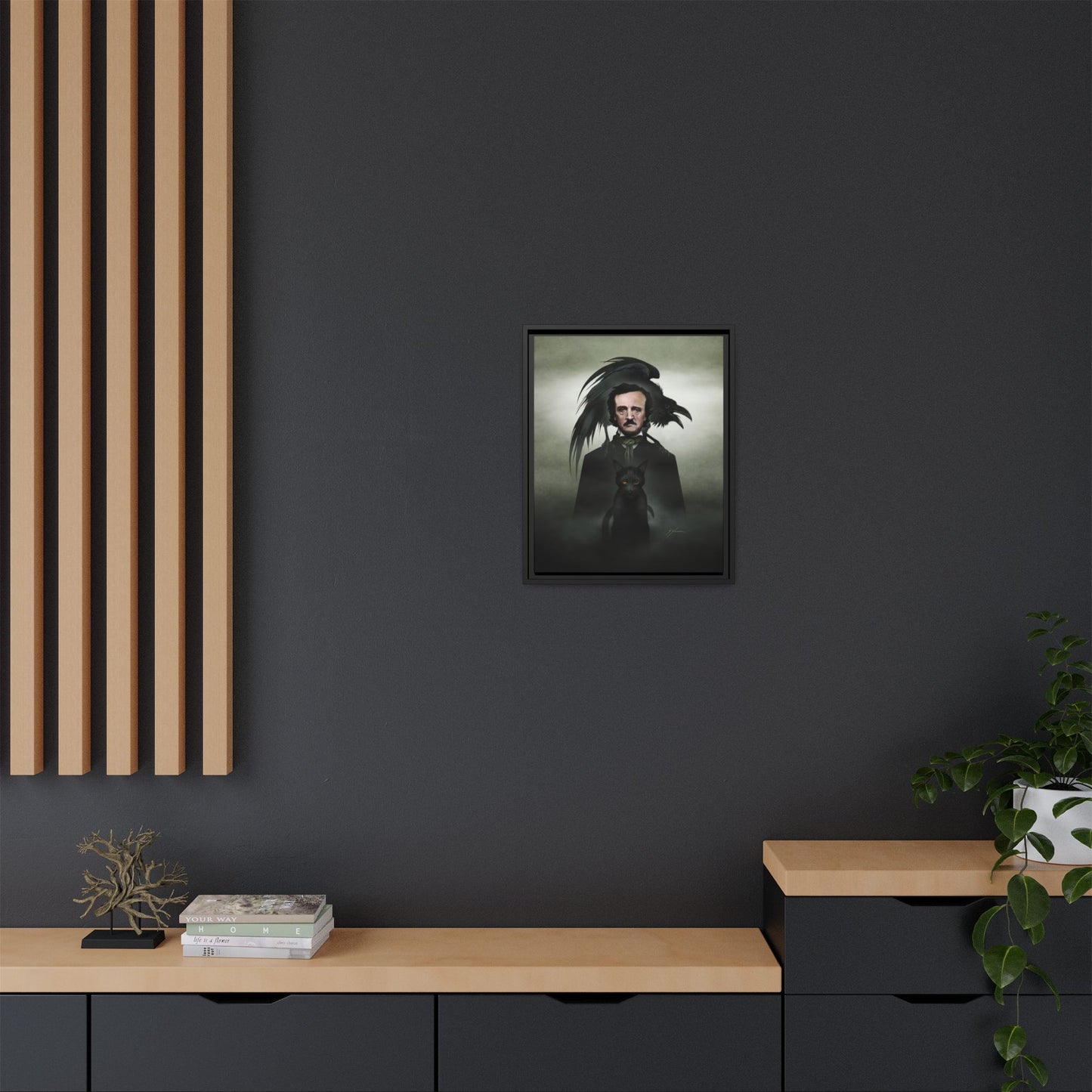 Edgar Allan Poe canvas bedroom mockup — dark art horror print by Mister Sam Shearon
