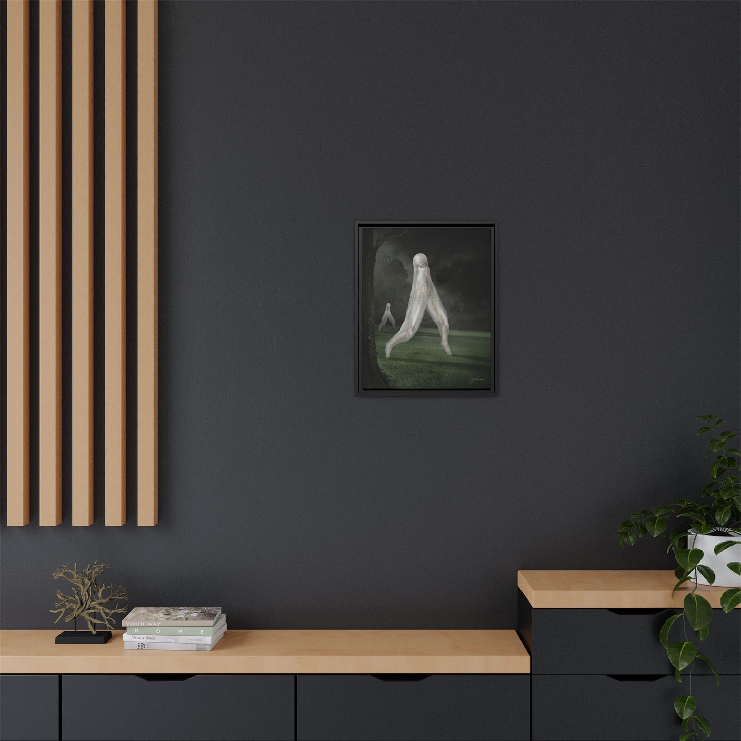 Nightcrawler canvas bedroom mockup — dark art horror print by Mister Sam Shearon