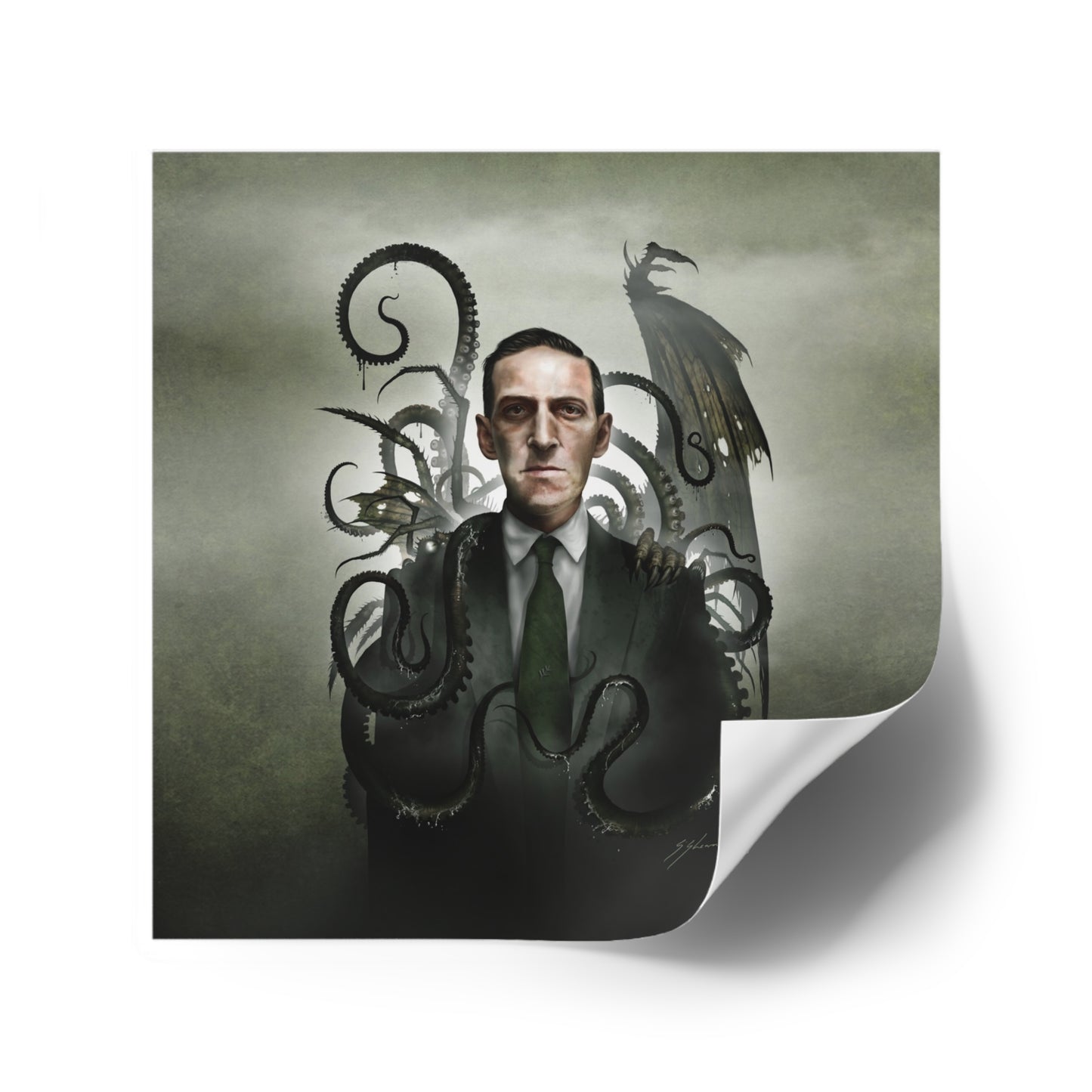 H.P. Lovecraft indoor/outdoor square stickers by Mister Sam Shearon — Cthulhu cosmic horror gothic dark art, eldritch horror, human-made, non-AI. 