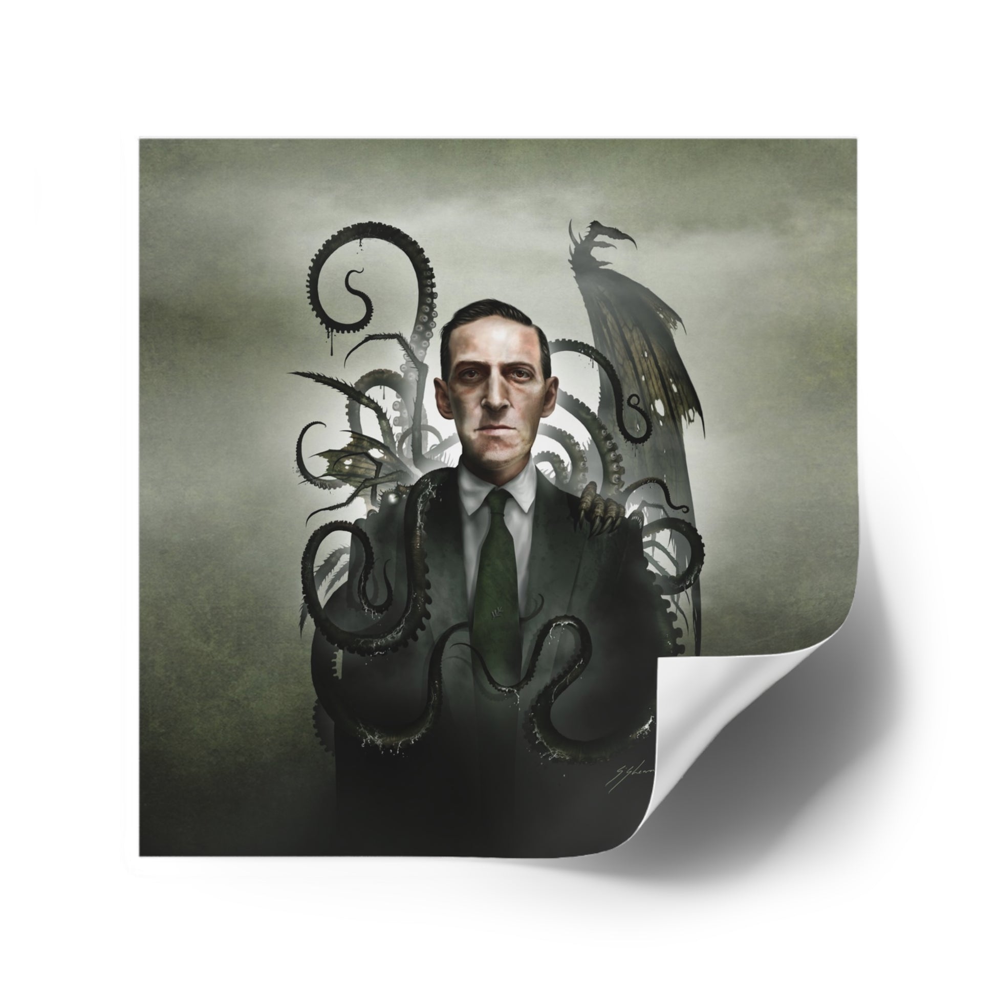 H.P. Lovecraft indoor/outdoor square stickers by Mister Sam Shearon — Cthulhu cosmic horror gothic dark art, eldritch horror, human-made, non-AI. 