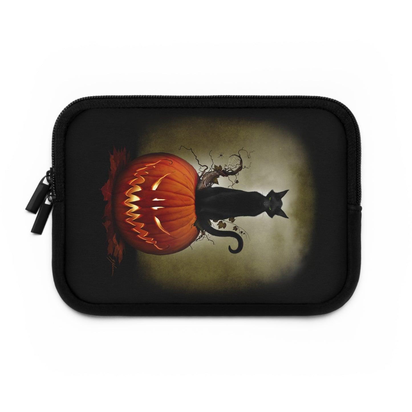 Cat O' Lantern laptop sleeve — original Halloween dark art by Mister Sam Shearon