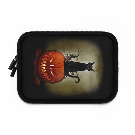 Cat O' Lantern laptop sleeve — original Halloween dark art by Mister Sam Shearon