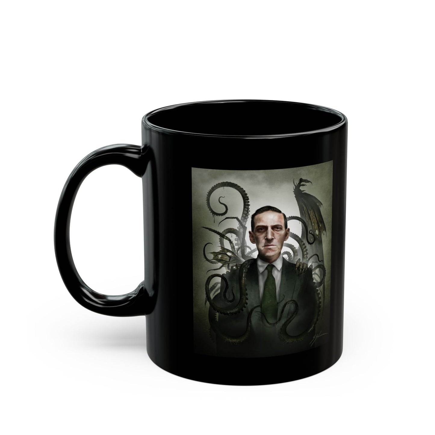 H.P. Lovecraft black mug 11oz — original cosmic horror dark art portrait by Mister Sam Shearon
