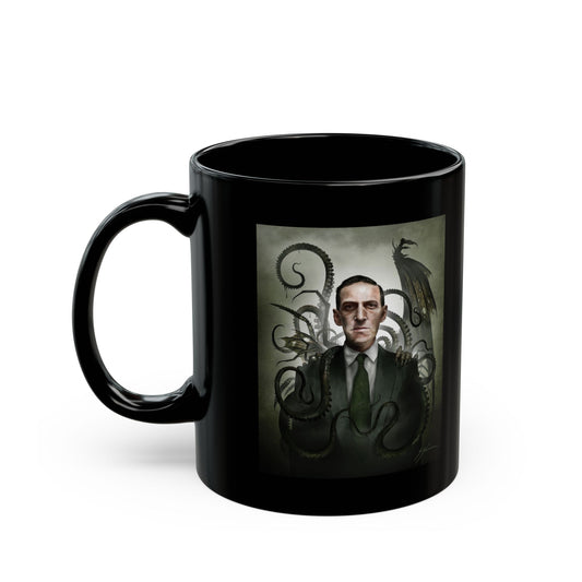 H.P. Lovecraft black mug 11oz — original cosmic horror dark art portrait by Mister Sam Shearon