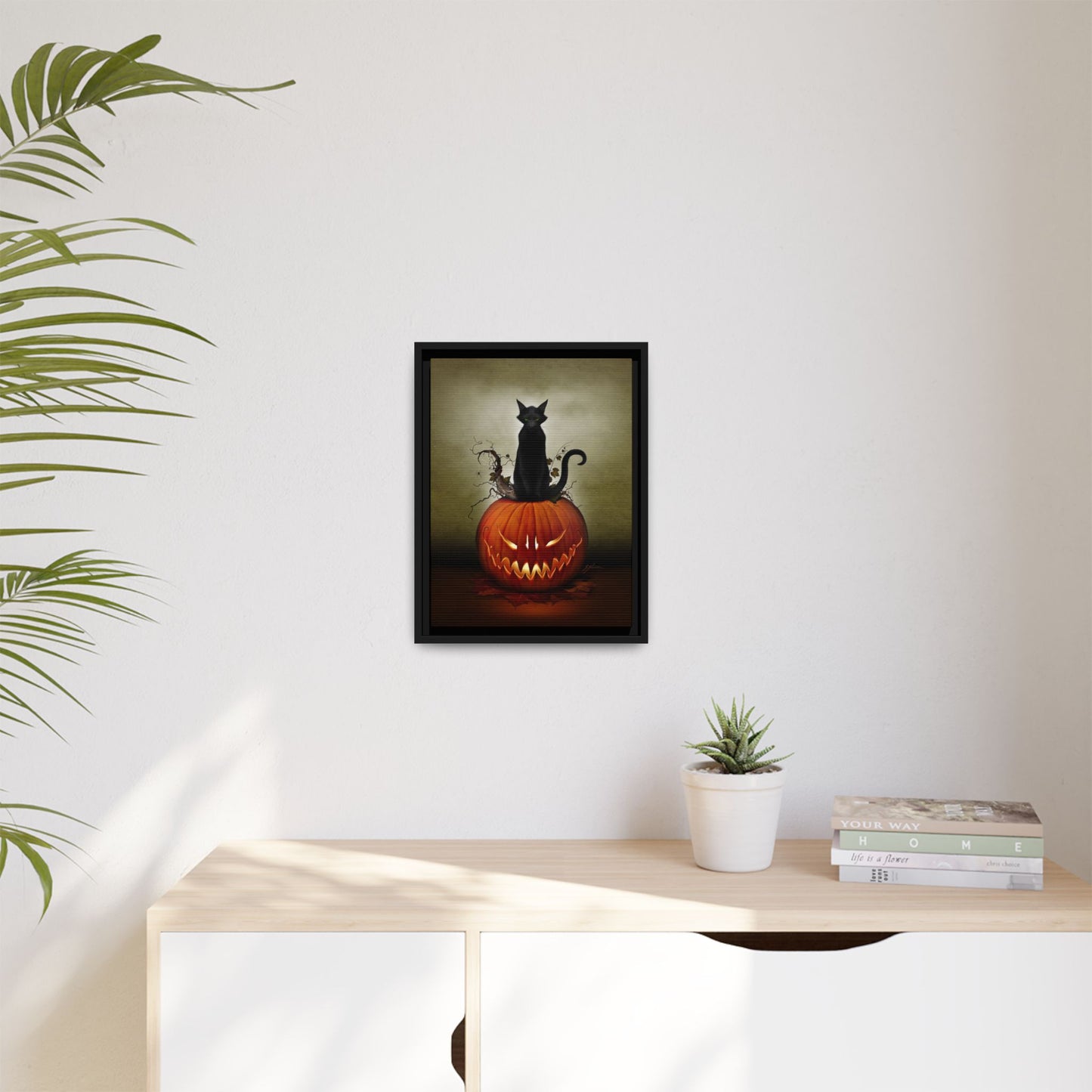 Cat O' Lantern framed canvas black frame — sinister black cat Halloween wall art by Mister Sam Shearon
