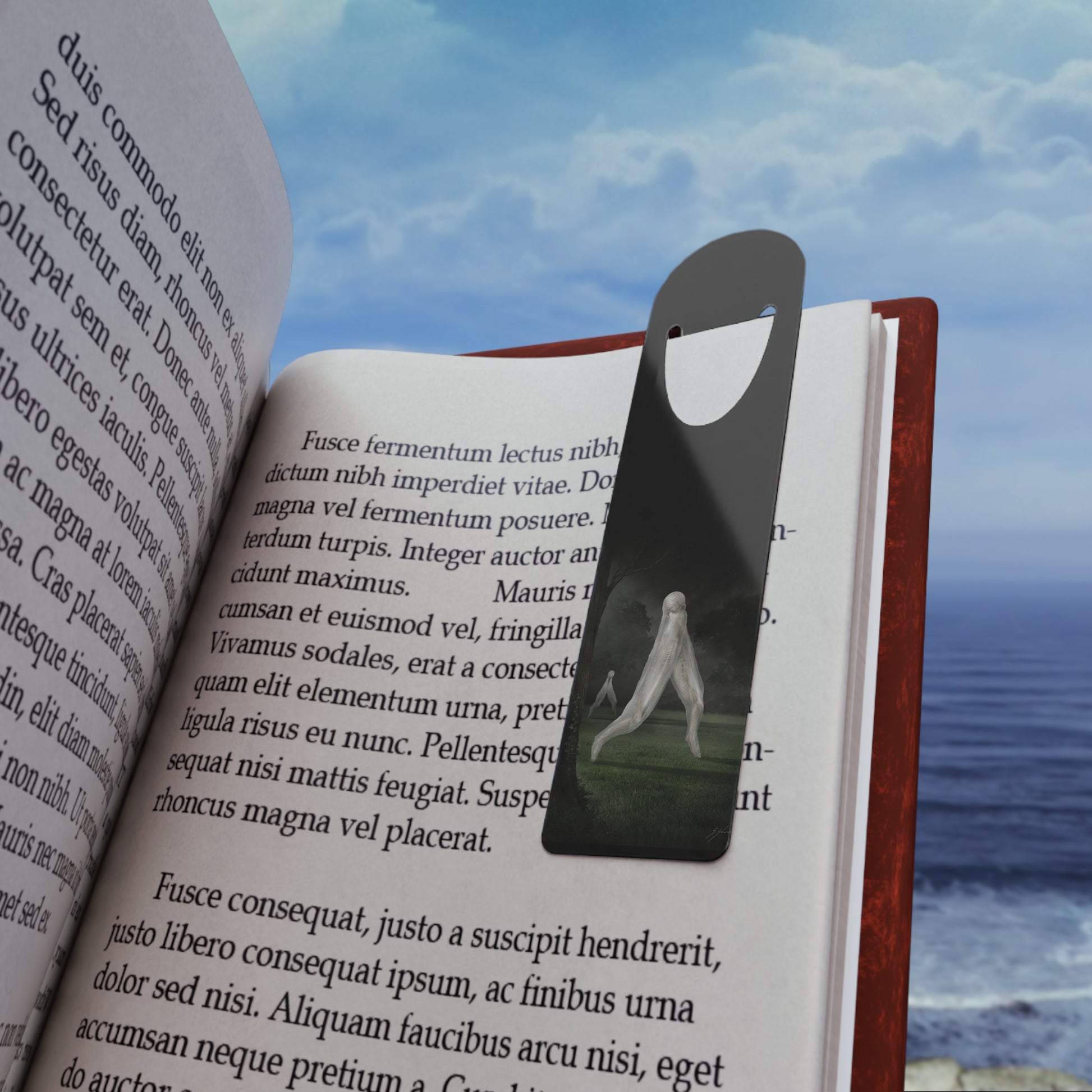 Nightcrawler aluminum bookmark by Mister Sam Shearon — dark art, cryptid, creepypasta, paranormal, horror, human-made, non-AI. 