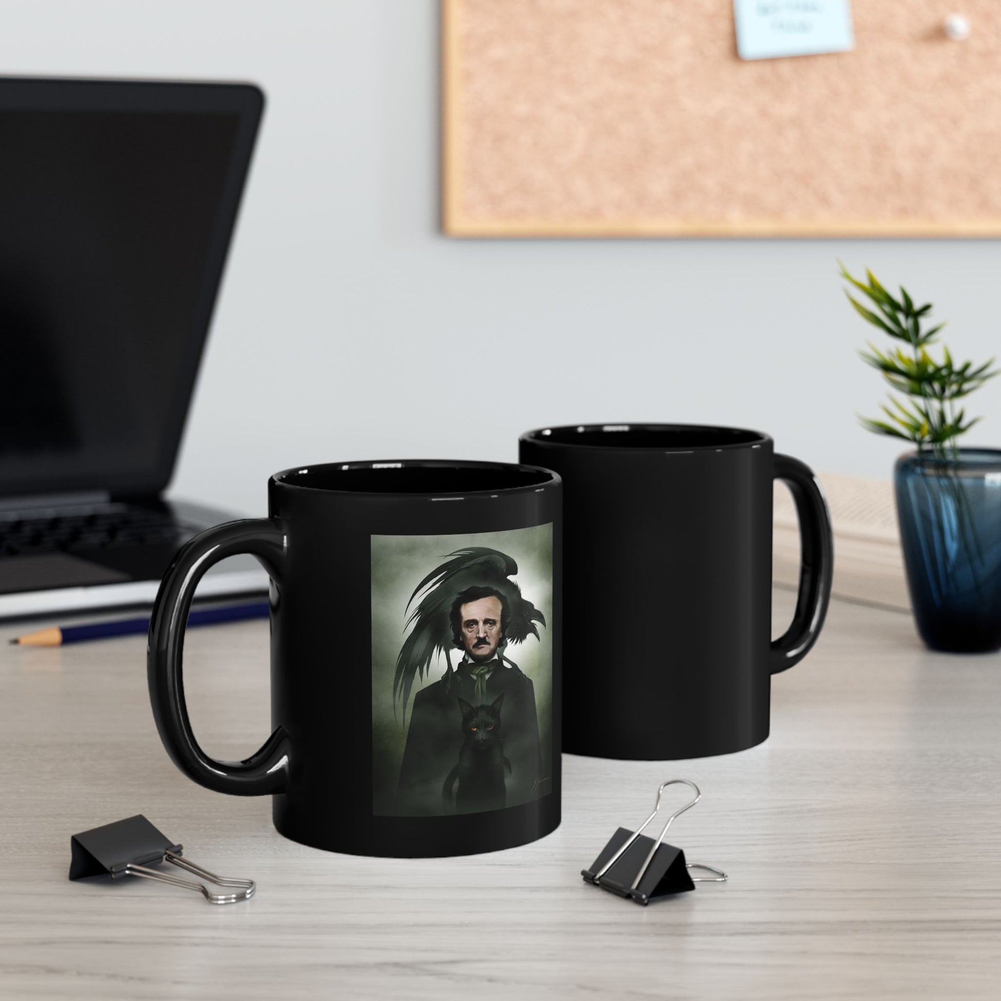 Edgar Allan Poe mug front view — The Raven dark art by Mister Sam Shearon
