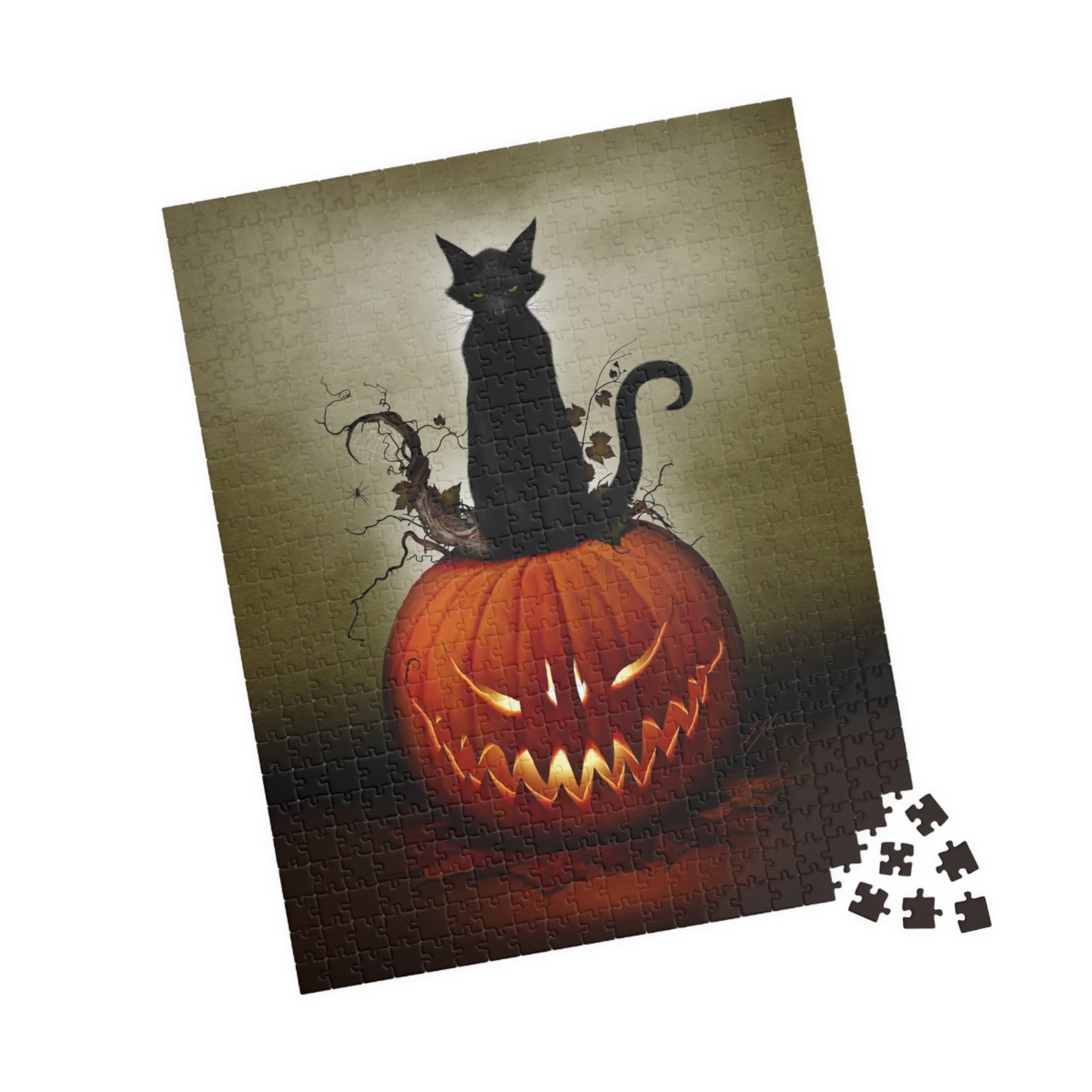 Cat O' Lantern puzzle lifestyle shot — dark art gift by Mister Sam Shearon
