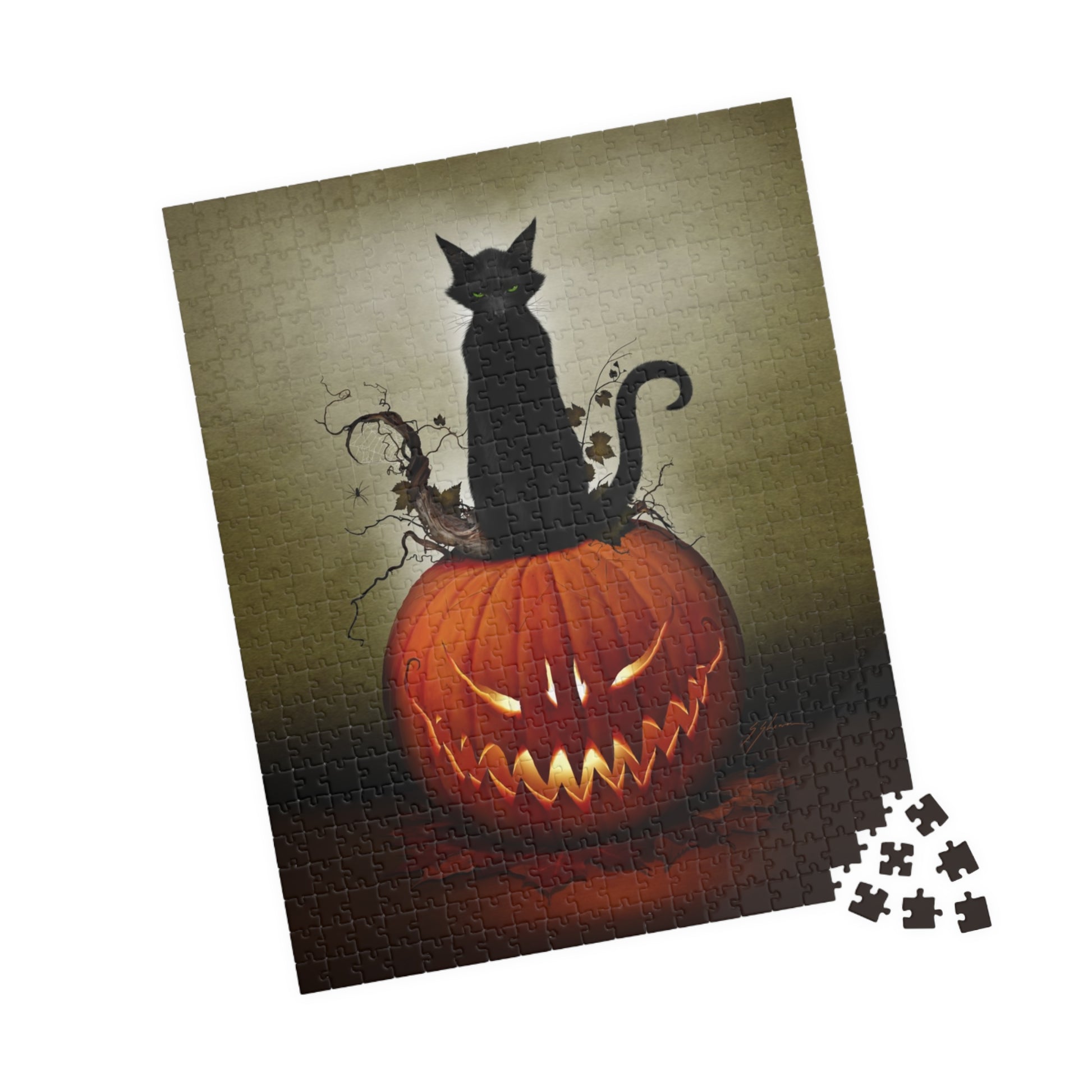 Cat O' Lantern puzzle lifestyle shot — dark art gift by Mister Sam Shearon