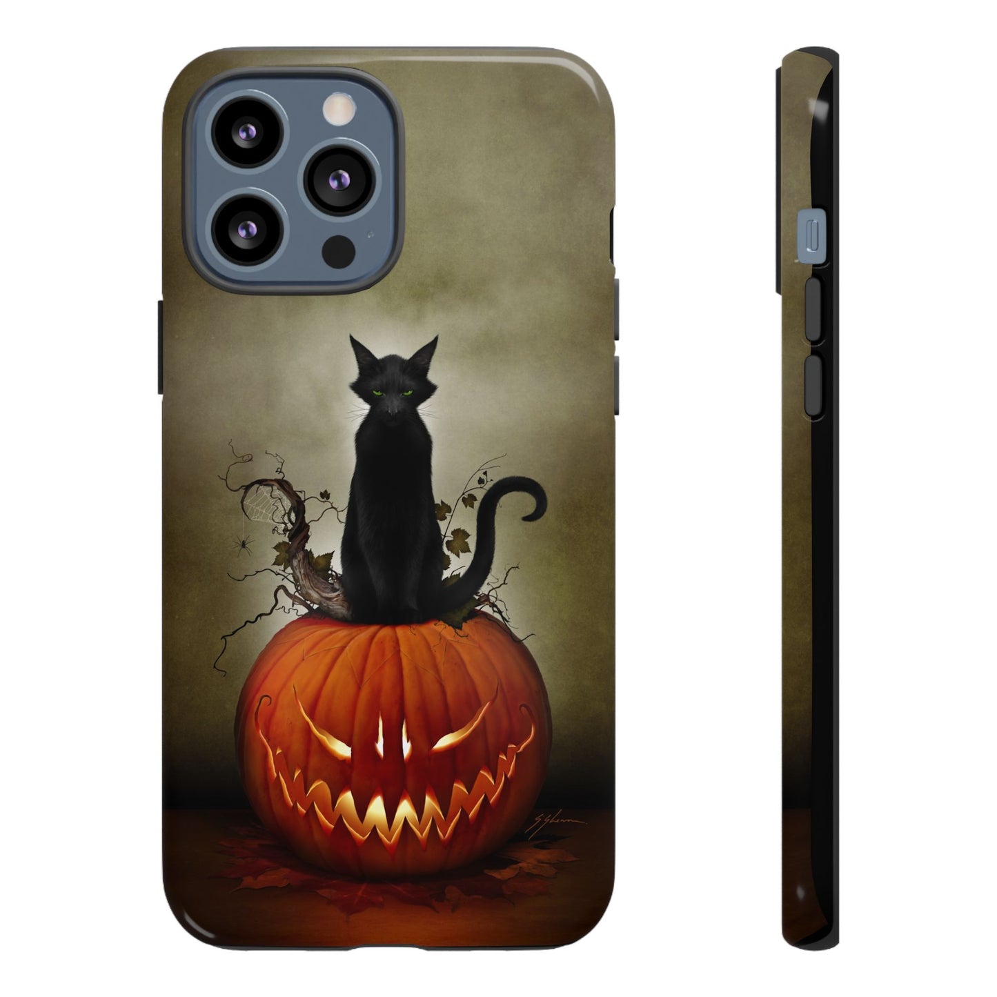 Cat O' Lantern phone case front side and back view — Halloween gothic art by Mister Sam Shearon
