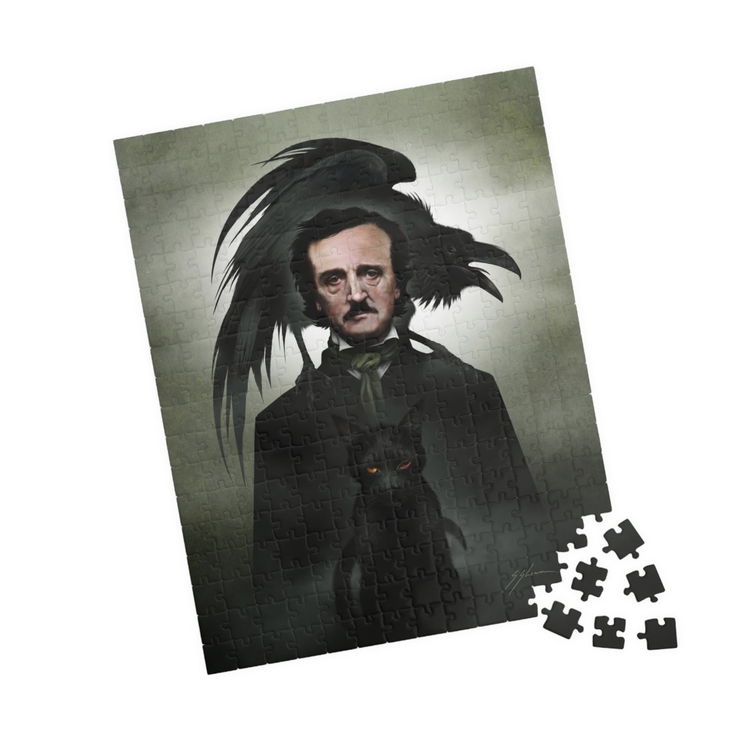 Edgar Allan Poe puzzle assembled — gothic literary dark art by Mister Sam Shearon