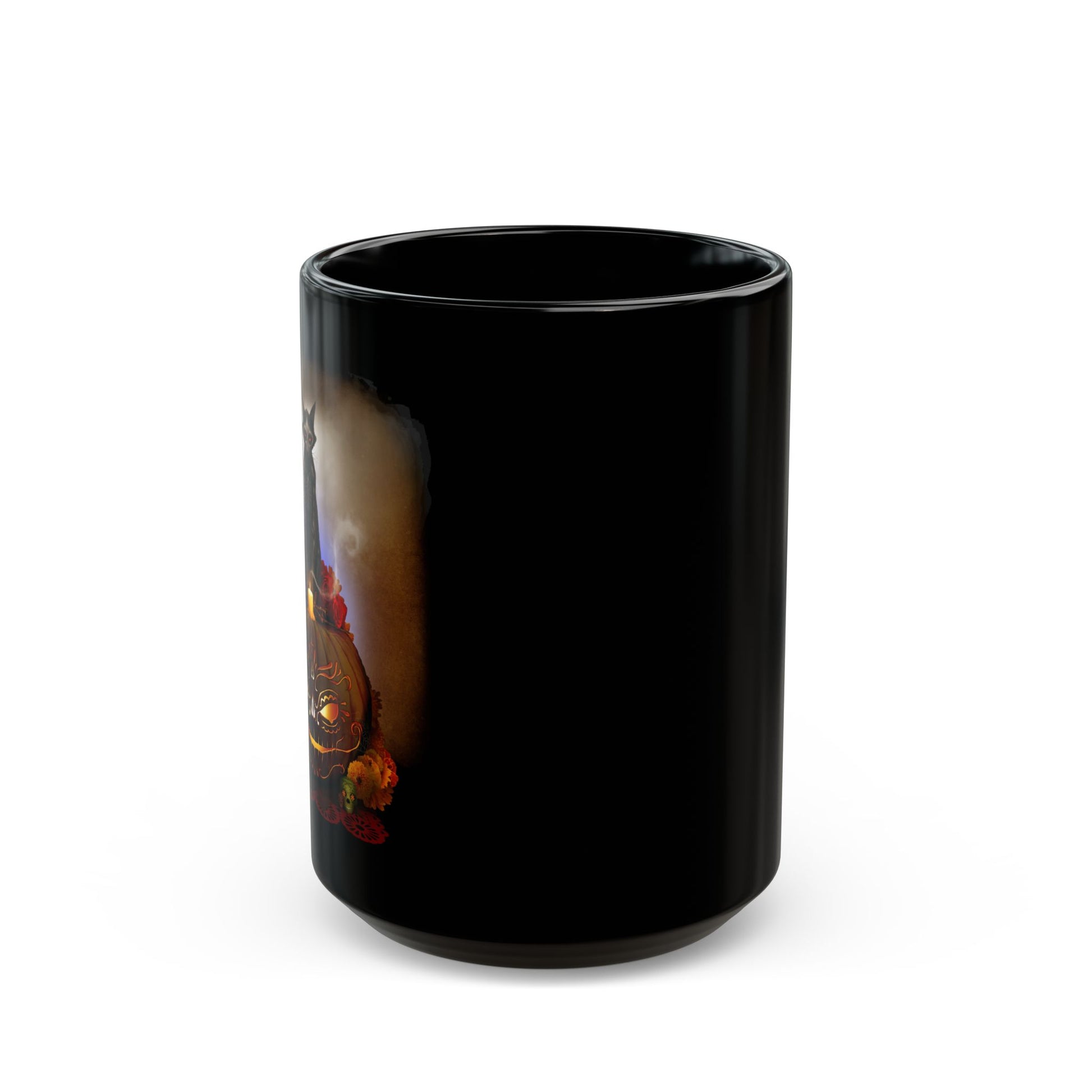 Día De Los Meowtos black mug top view — sublimation print by Mister Sam Shearon