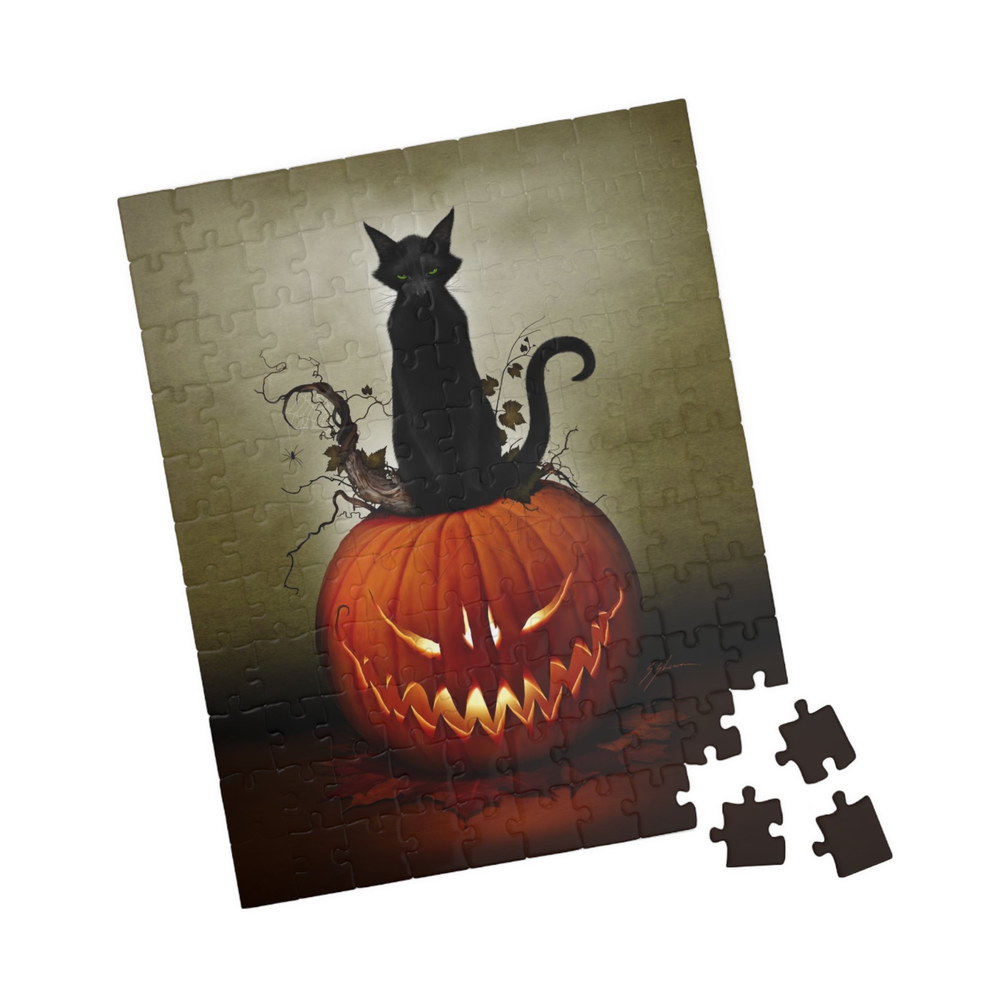 Cat O' Lantern puzzle pieces close-up — Halloween dark art by Mister Sam Shearon