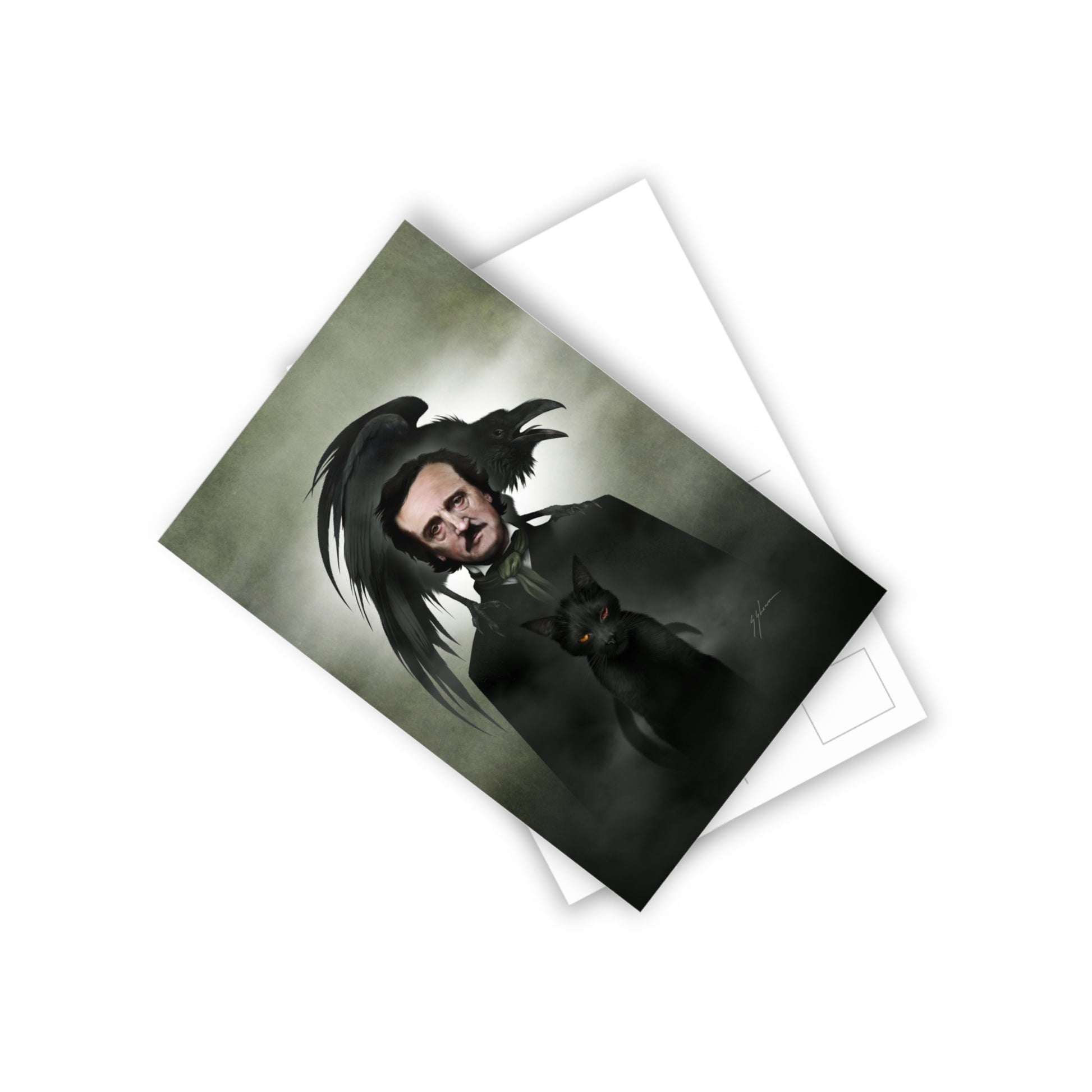 Edgar Allan Poe postcard set by Mister Sam Shearon — gothic dark art, The Raven, horror literature, human-made, non-AI. 
