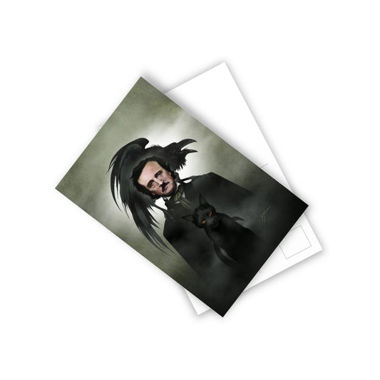 Edgar Allan Poe postcard set by Mister Sam Shearon — gothic dark art, The Raven, horror literature, human-made, non-AI. 