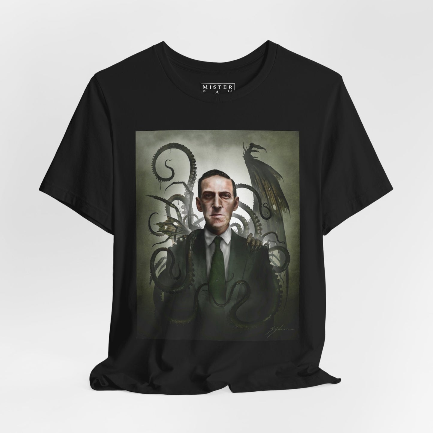 H.P. Lovecraft tee flat lay — Lovecraftian horror dark art by Mister Sam Shearon