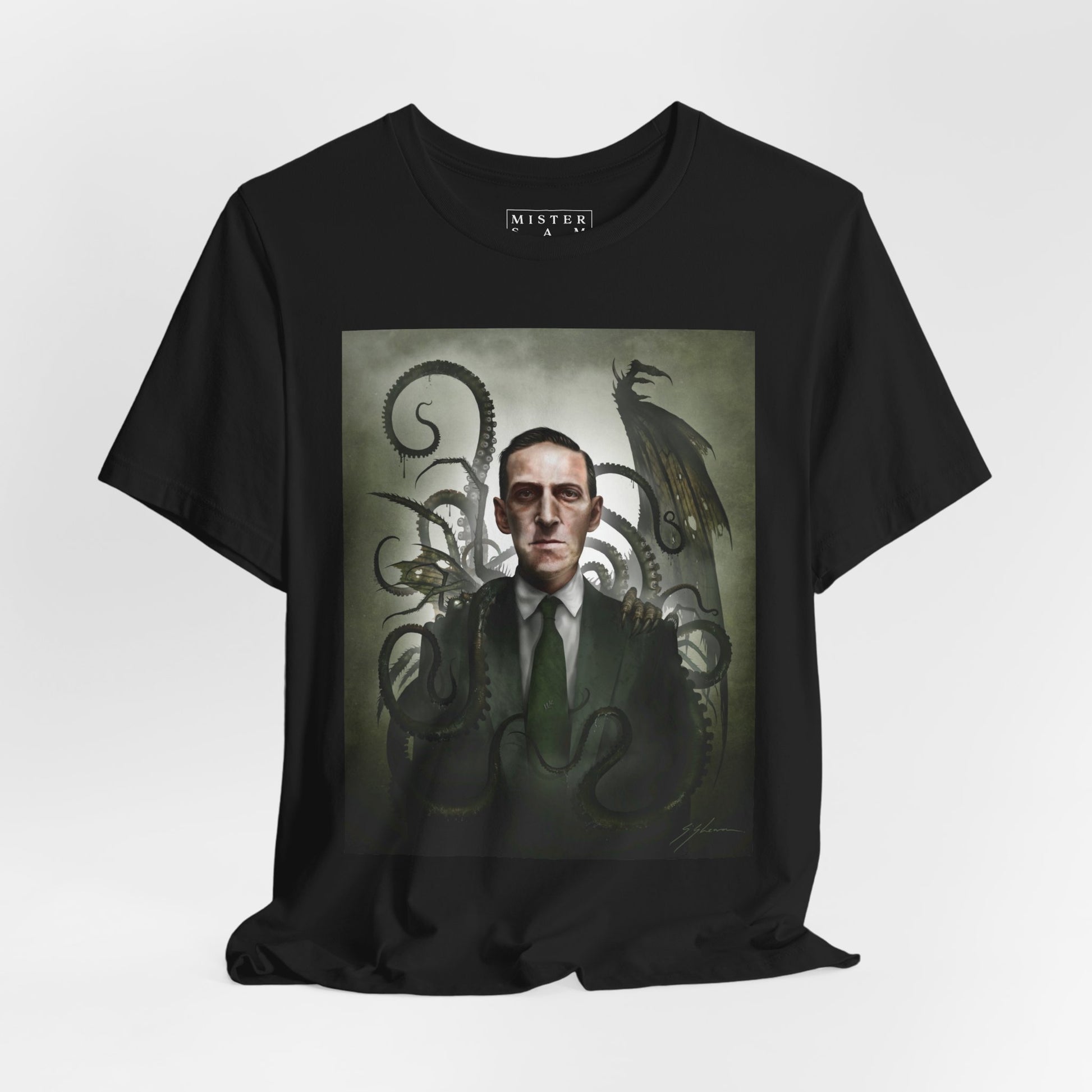 H.P. Lovecraft tee flat lay — Lovecraftian horror dark art by Mister Sam Shearon