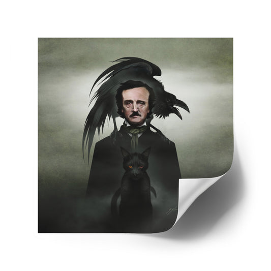 Edgar Allan Poe indoor/outdoor square stickers by Mister Sam Shearon — gothic dark art, The Raven, horror literature, human-made, non-AI. 