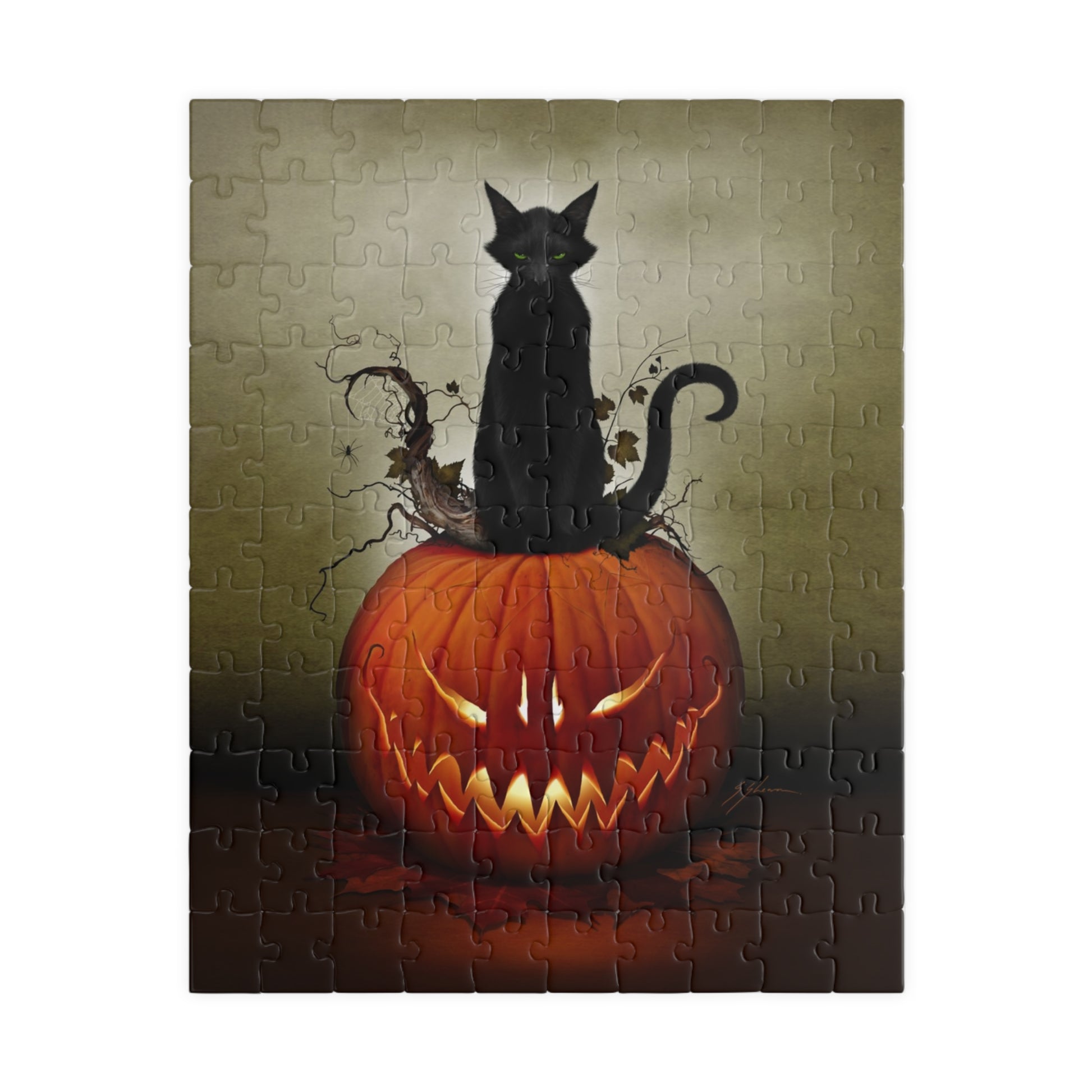 Cat O' Lantern 252-piece puzzle — gothic black cat jack-o-lantern design by Mister Sam Shearon