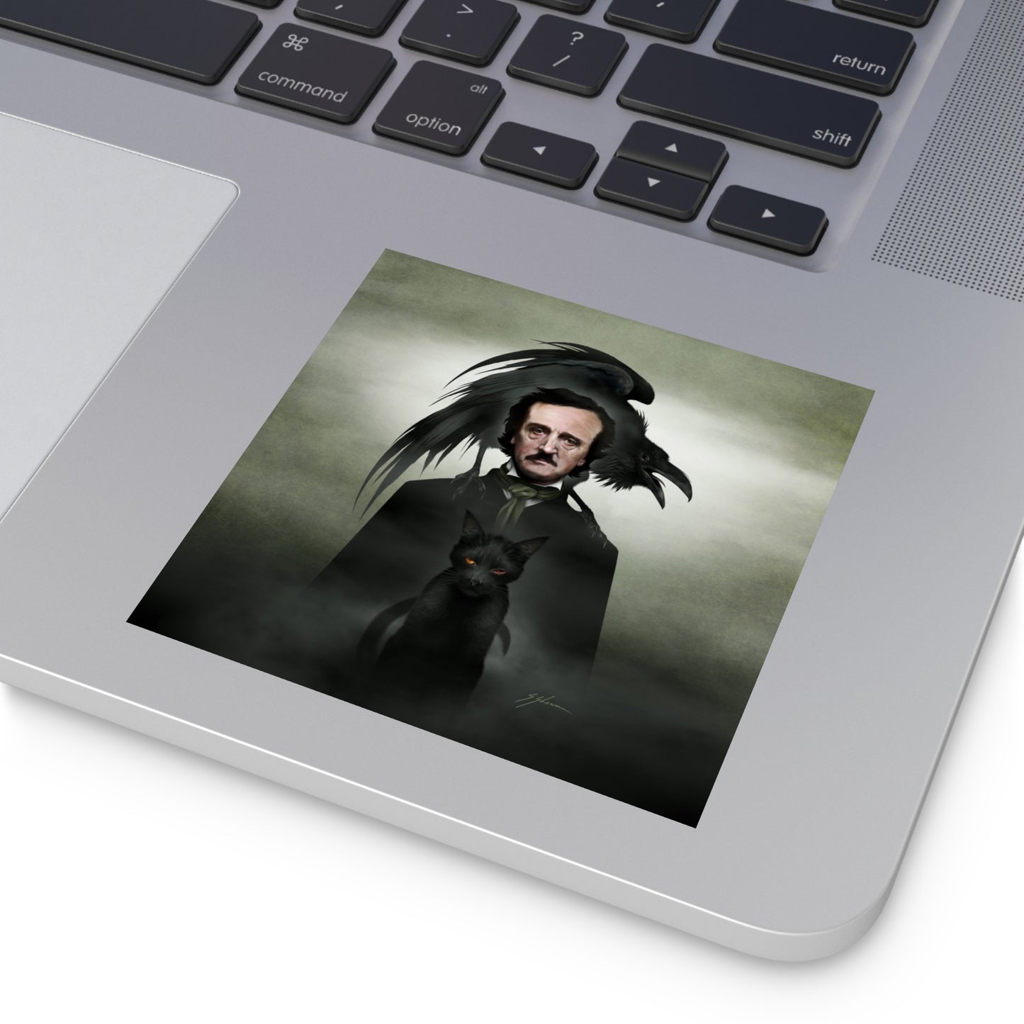 Edgar Allan Poe indoor/outdoor square stickers by Mister Sam Shearon — gothic dark art, The Raven, horror literature, human-made, non-AI. 