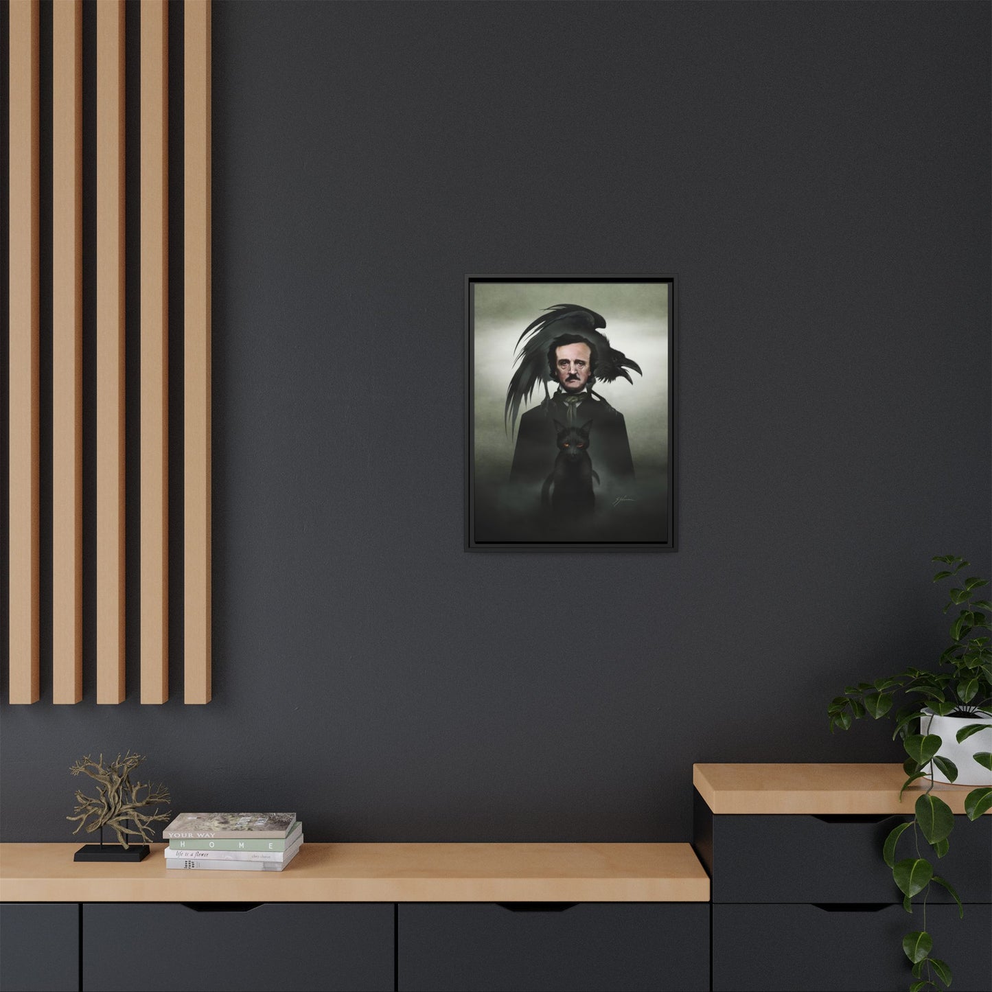 Edgar Allan Poe canvas packaging — framed dark art by Mister Sam Shearon