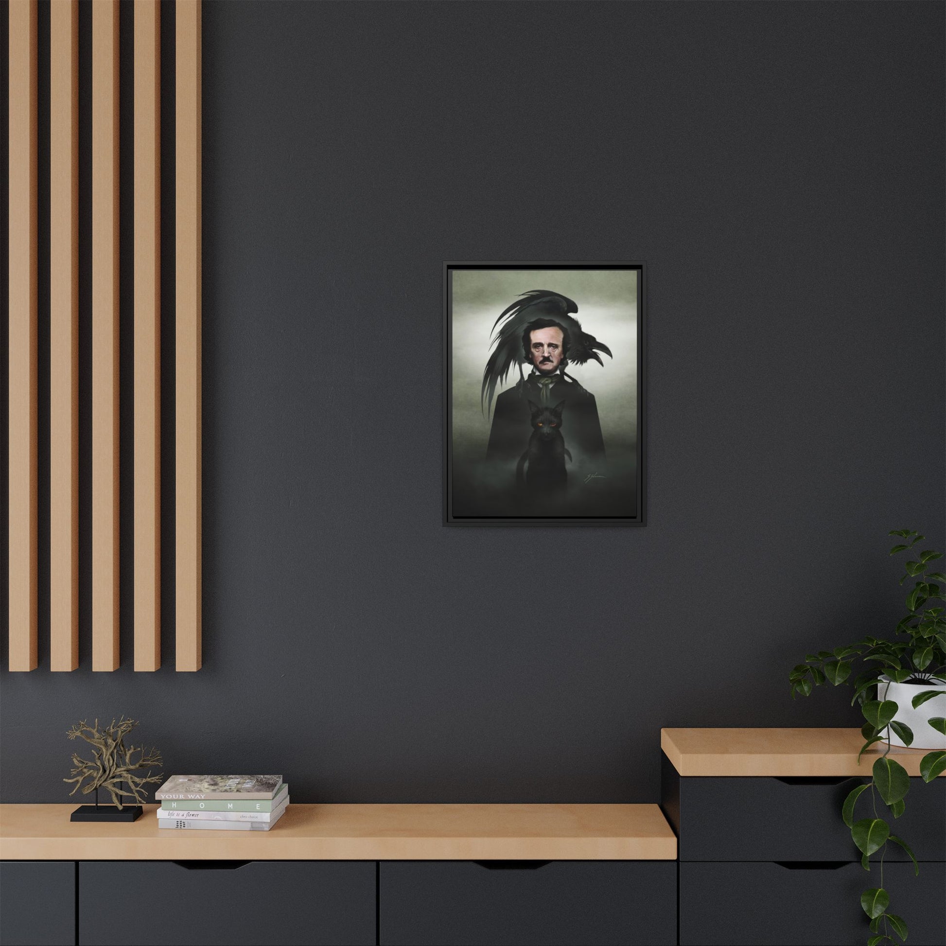 Edgar Allan Poe canvas packaging — framed dark art by Mister Sam Shearon