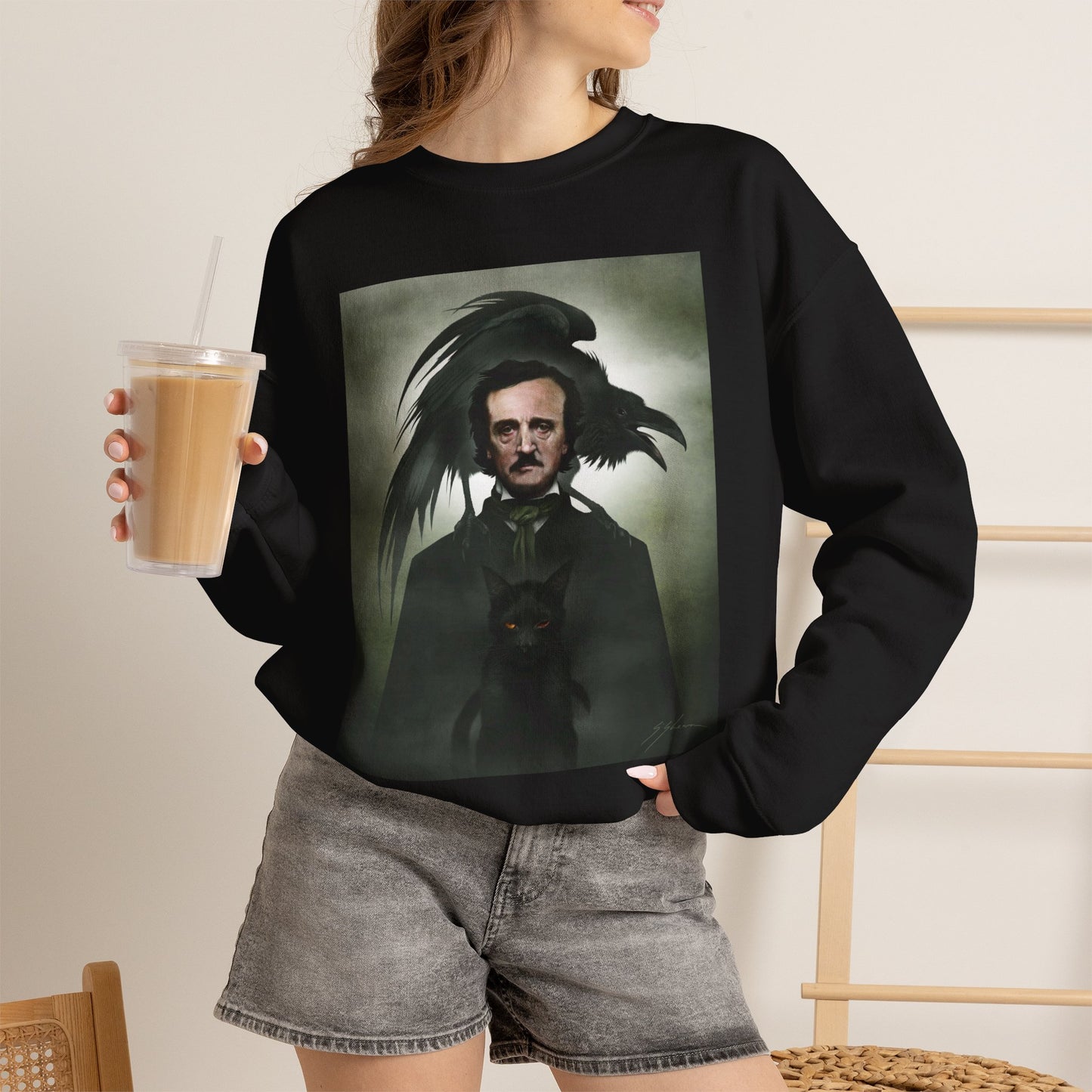 Edgar Allan Poe sweatshirt on-model front — unisex heavy blend crewneck with gothic artwork