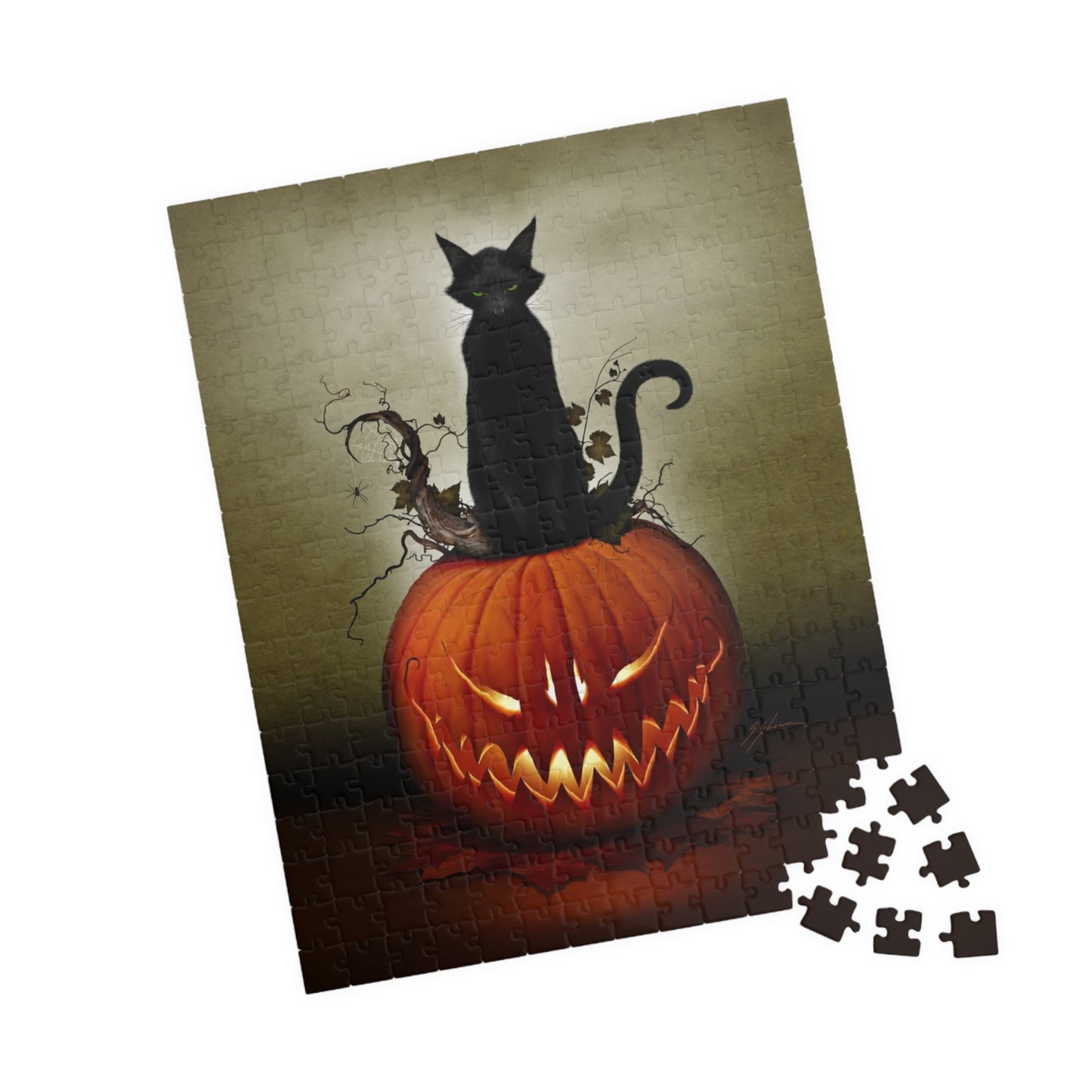 Cat O' Lantern 110-piece puzzle flat lay — Halloween dark art by Mister Sam Shearon