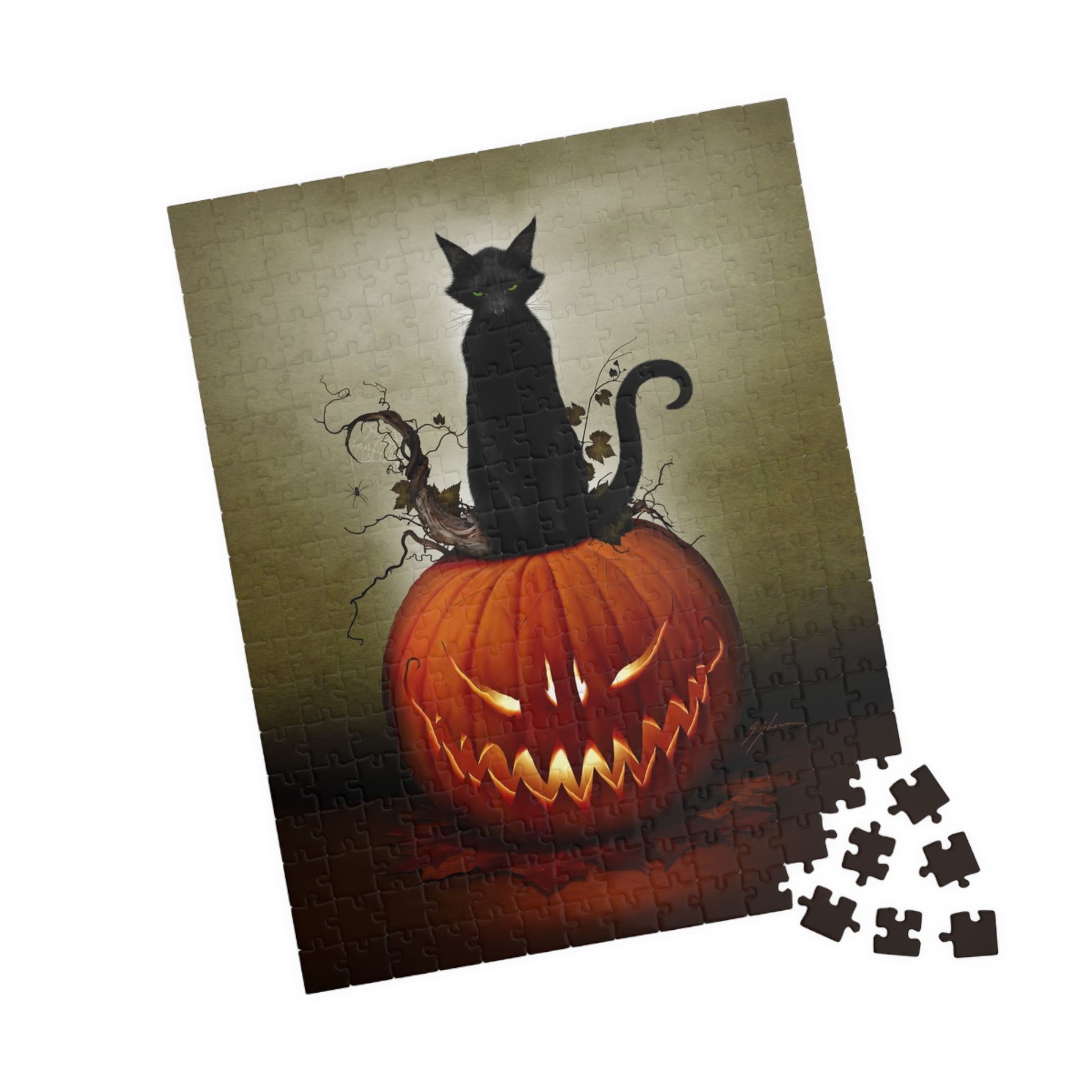 Cat O' Lantern 110-piece puzzle flat lay — Halloween dark art by Mister Sam Shearon