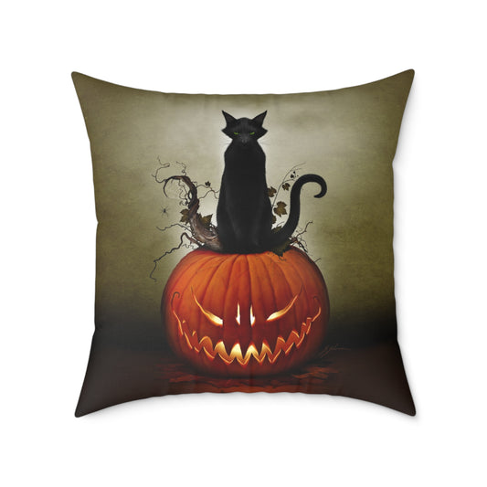 Cat O' Lantern square poly canvas pillow — Halloween dark art by Mister Sam Shearon