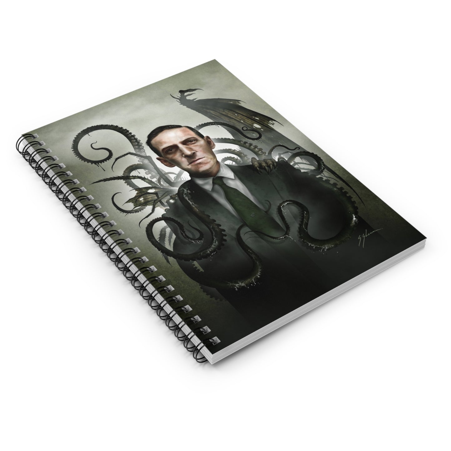 H.P. Lovecraft spiral notebook open — gothic cosmic horror stationery by Mister Sam Shearon