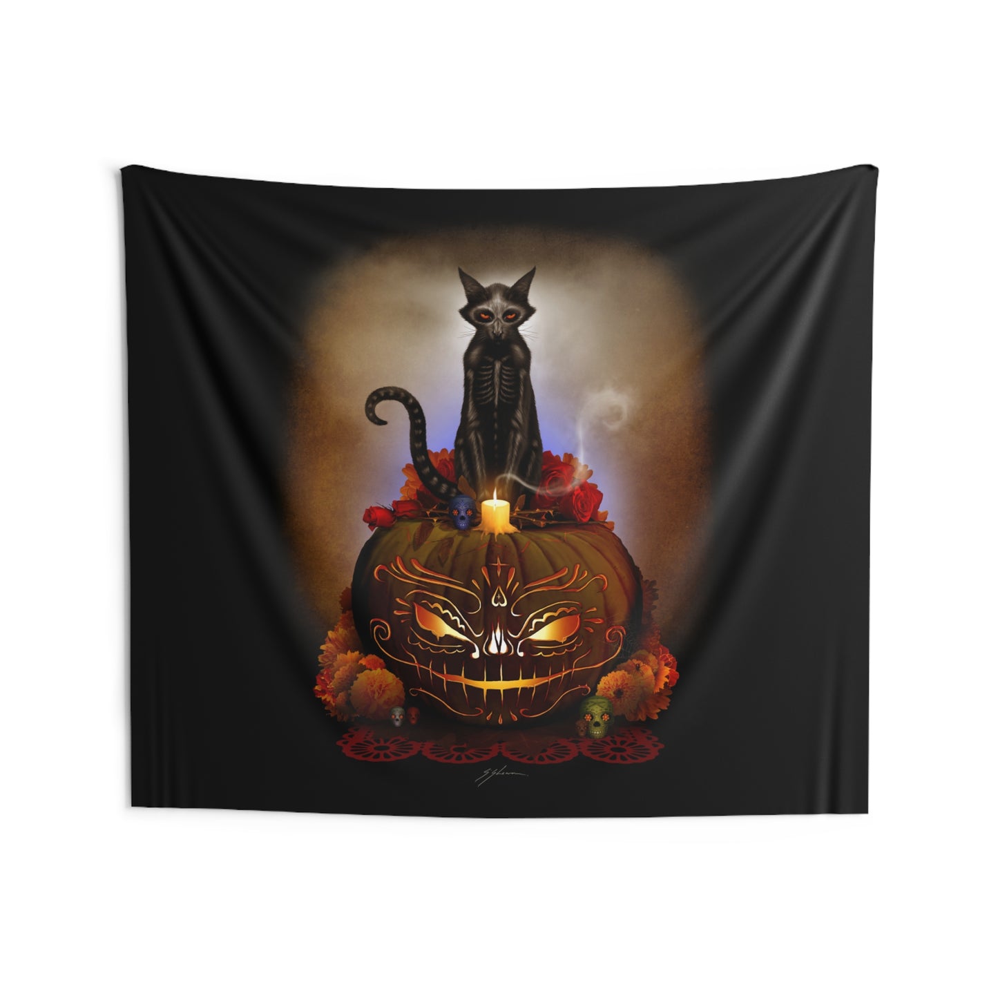 Día De Los Meowtos wall tapestry 68"x80" — Day of the Dead art by Mister Sam Shearon