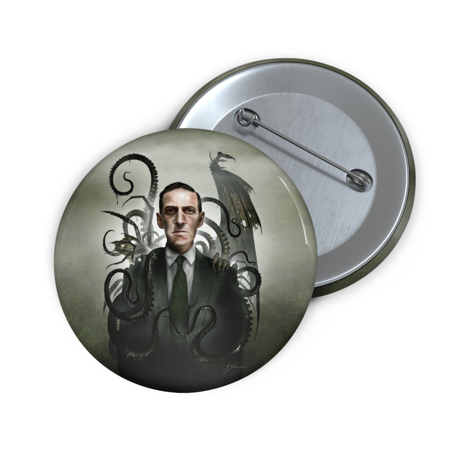 H.P. Lovecraft pin button — Cthulhu eldritch design by Mister Sam Shearon