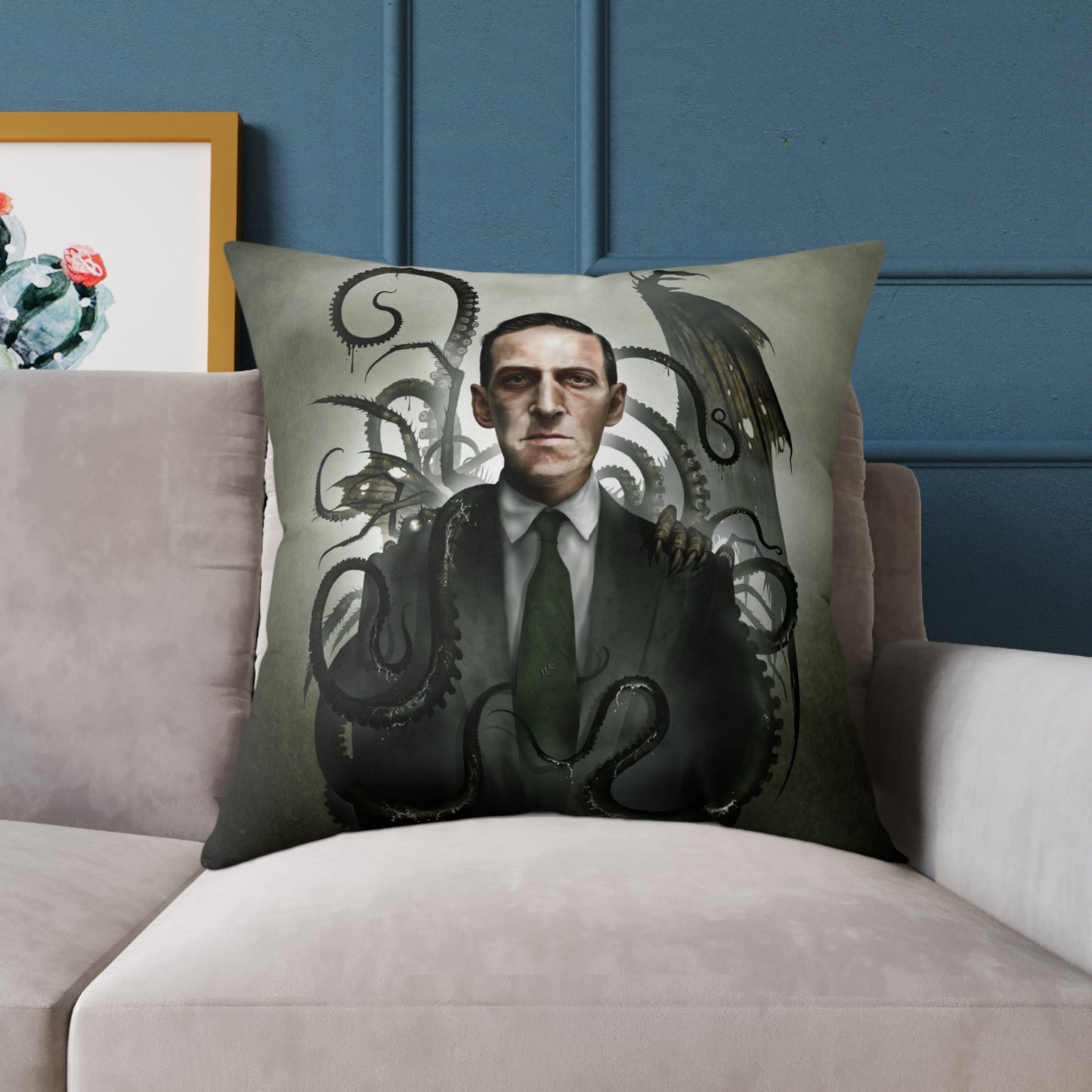 H.P. Lovecraft square canvas pillow by Mister Sam Shearon — Cthulhu cosmic horror gothic dark art, eldritch horror, human-made, non-AI. 
