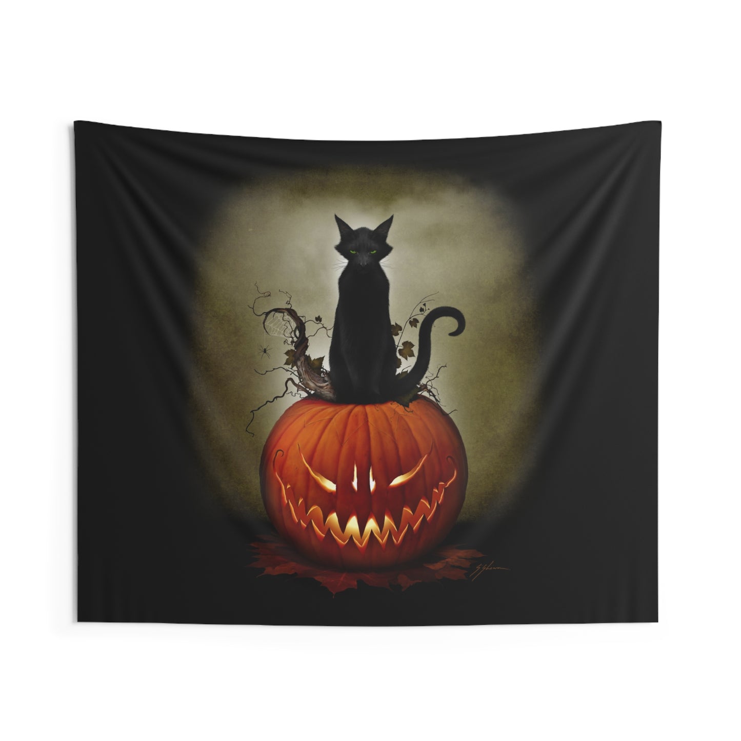 Cat O' Lantern tapestry detail — Mister Sam Shearon feline Halloween dark art print close-up