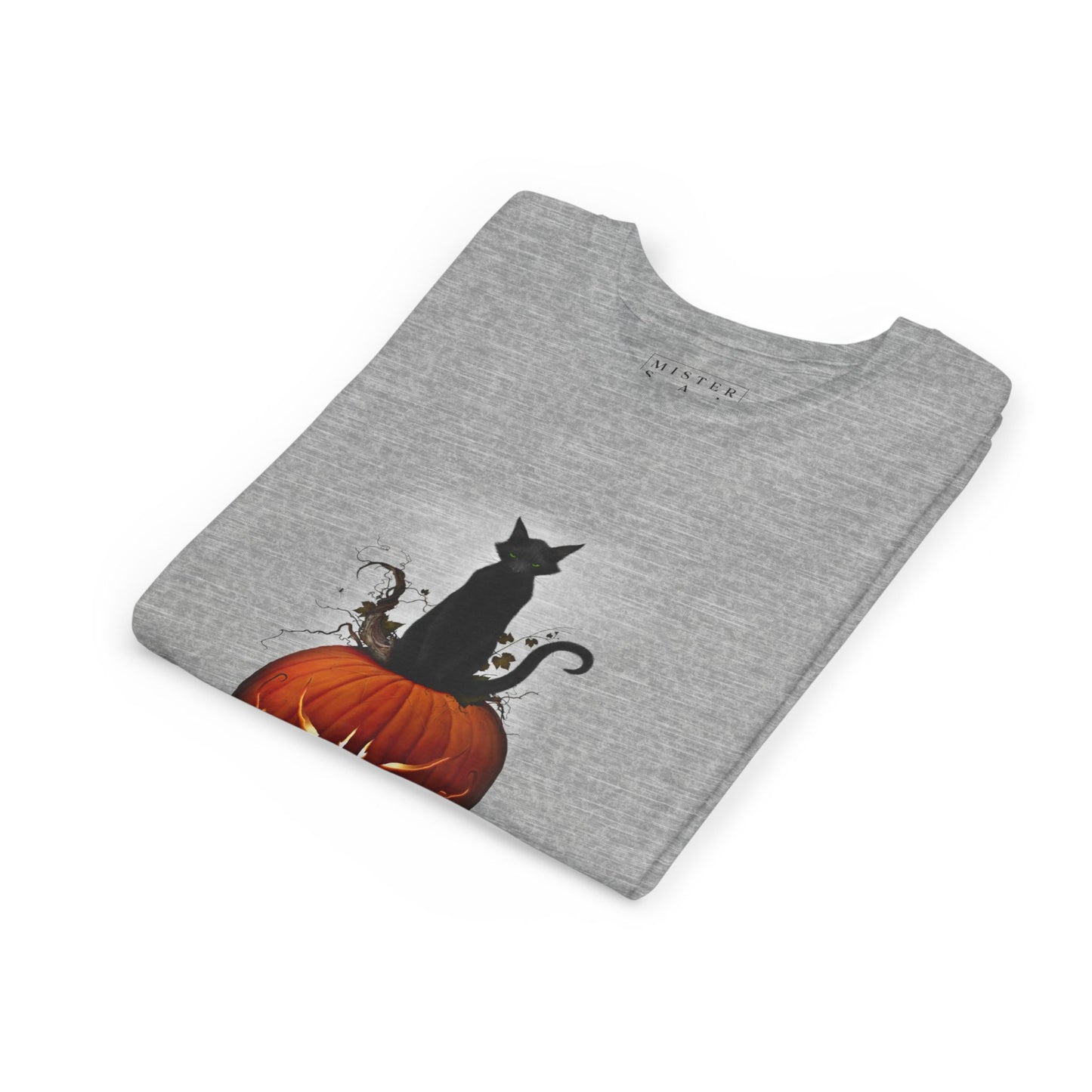 Cat O' Lantern youth tee — black cat and pumpkin artwork on Halloween short sleeve