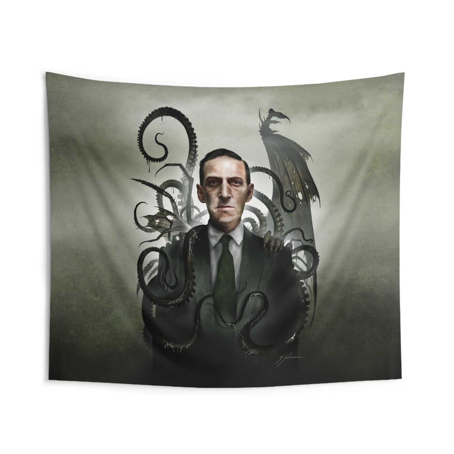 H.P. Lovecraft tapestry — gothic cosmic horror art by Mister Sam Shearon, indoor wall hanging
