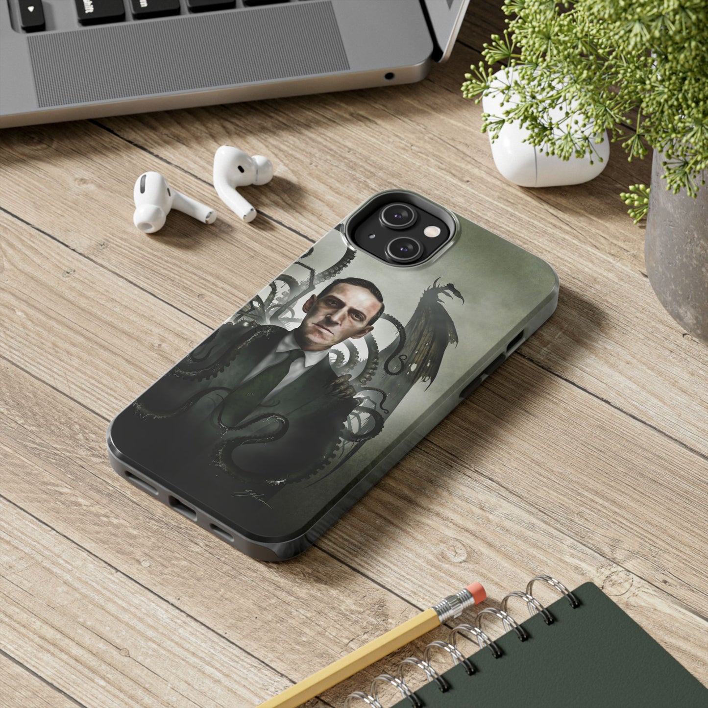 H.P. Lovecraft phone case flat lay — Lovecraftian horror art by Mister Sam Shearon