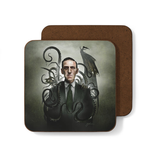 H.P. Lovecraft hardboard coaster — original cosmic horror dark art portrait by Mister Sam Shearon