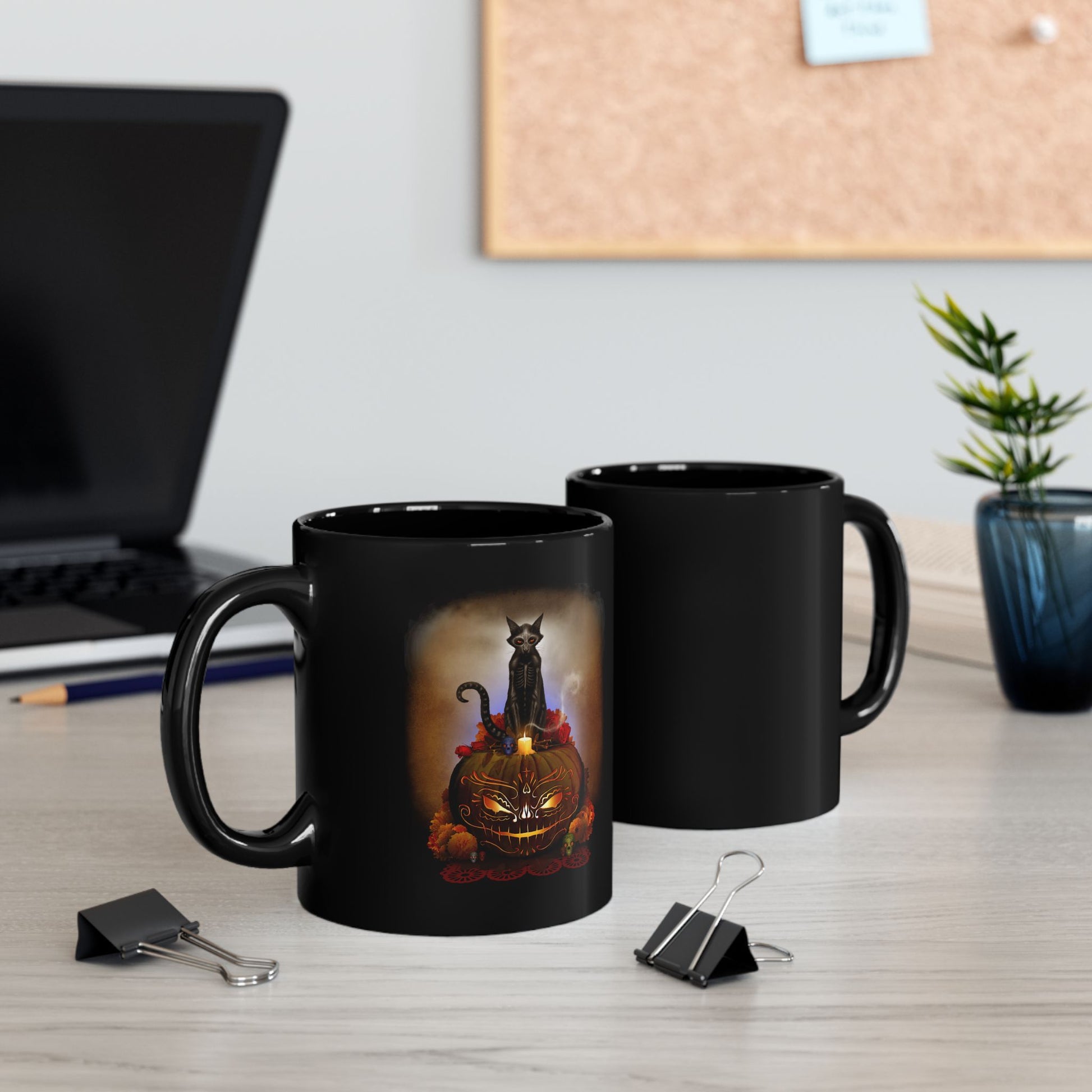 Día De Los Meowtos mug handle detail — glossy ceramic C-shaped grip