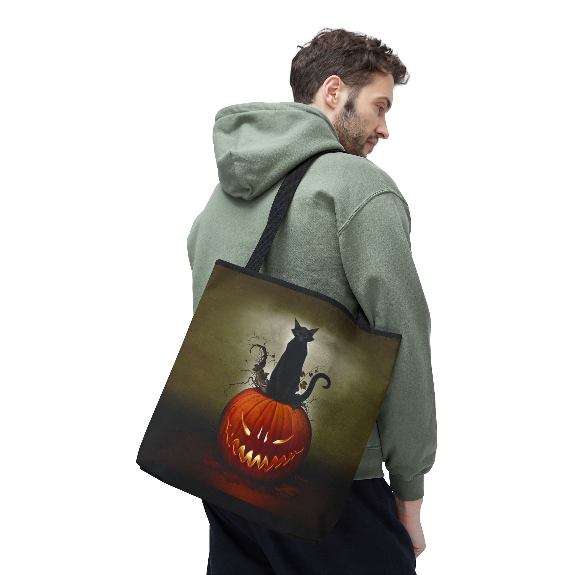 Cat O' Lantern 18 inch Halloween tote — gothic black cat pumpkin design by Mister Sam Shearon