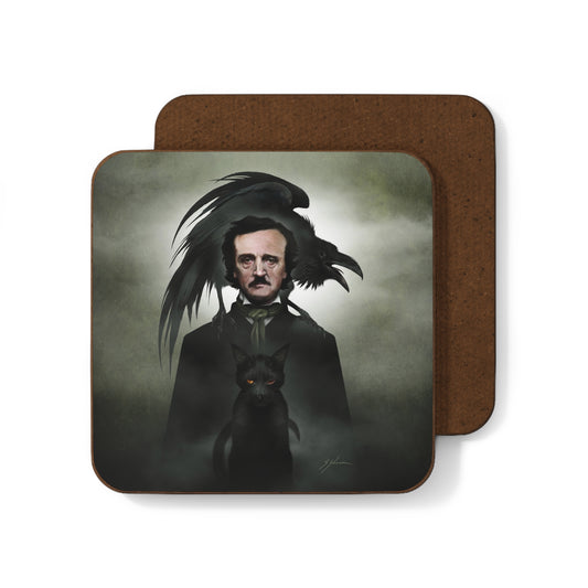 Edgar Allan Poe hardboard coaster by Mister Sam Shearon — gothic dark art, The Raven, horror literature, human-made, non-AI. 