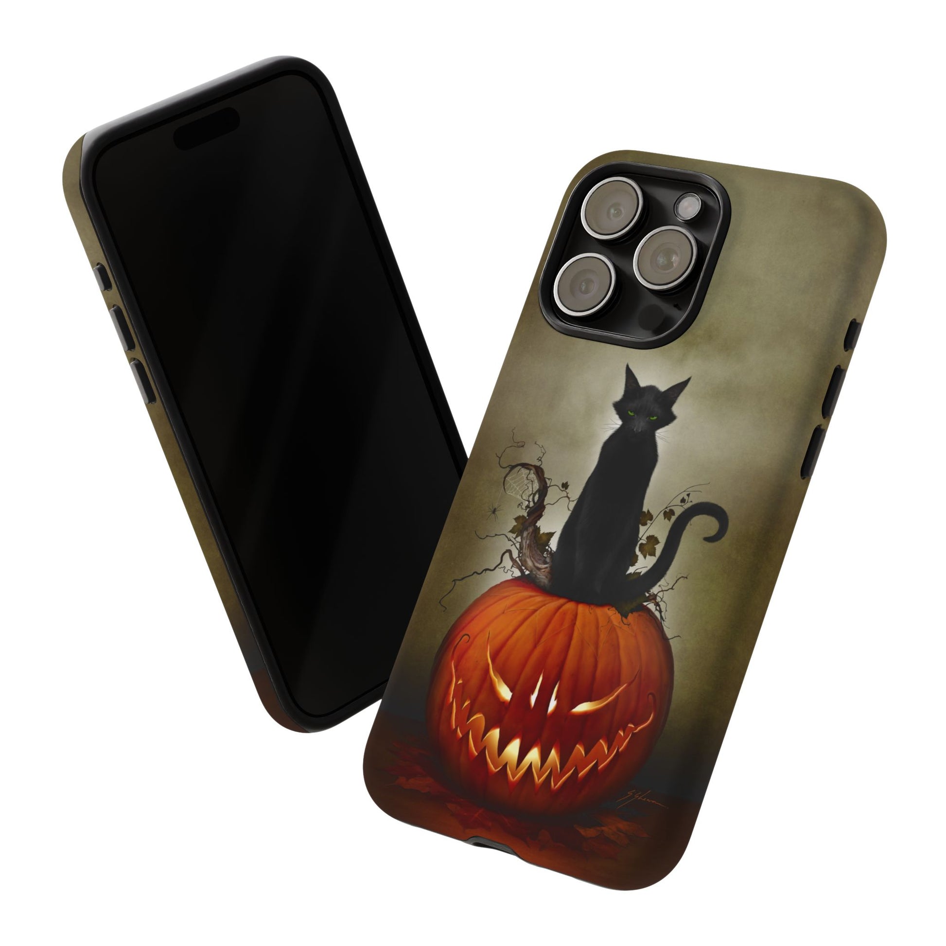 Cat O' Lantern tough phone case interior and exterior view showing dual-layer construction
