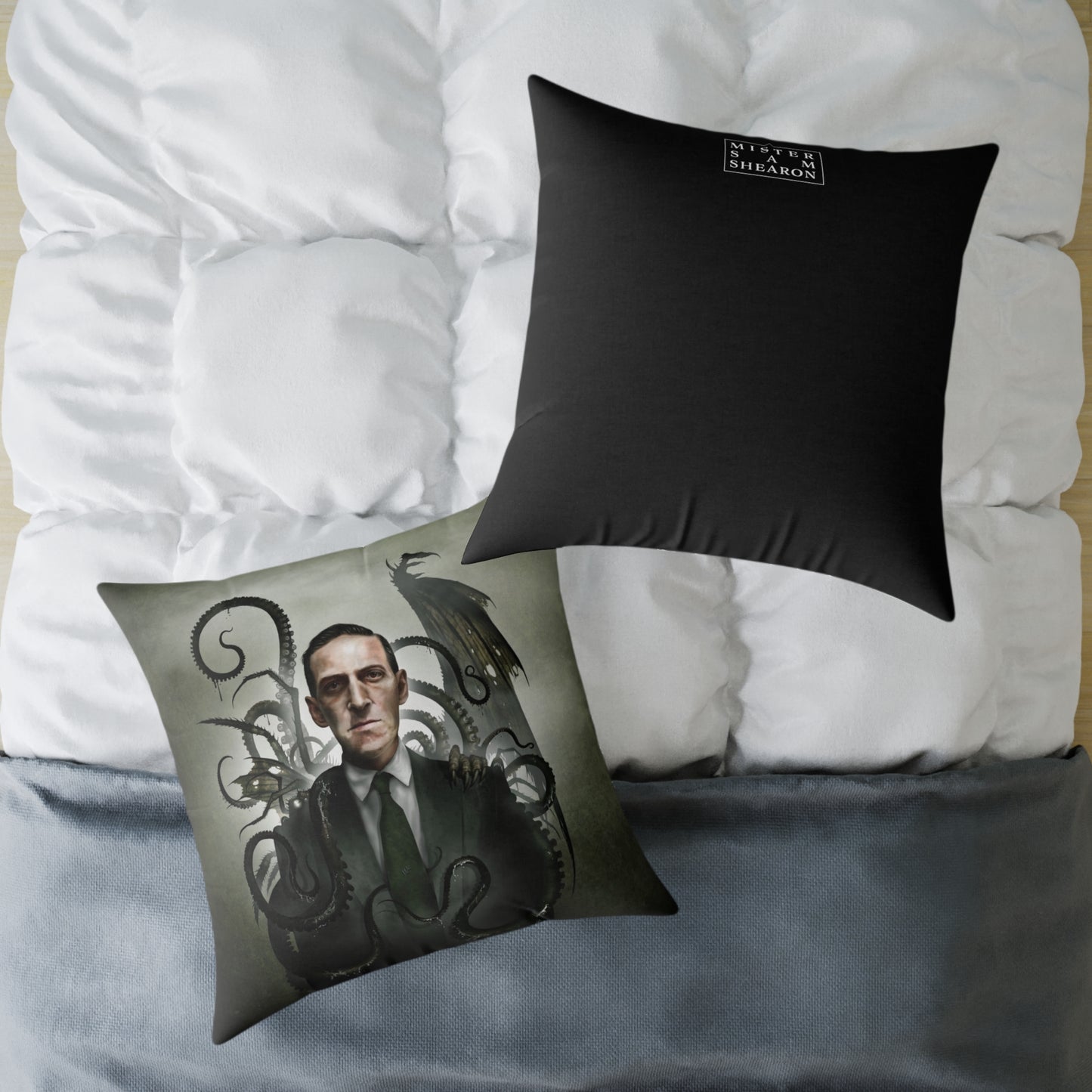 H.P. Lovecraft square canvas pillow by Mister Sam Shearon — Cthulhu cosmic horror gothic dark art, eldritch horror, human-made, non-AI. 