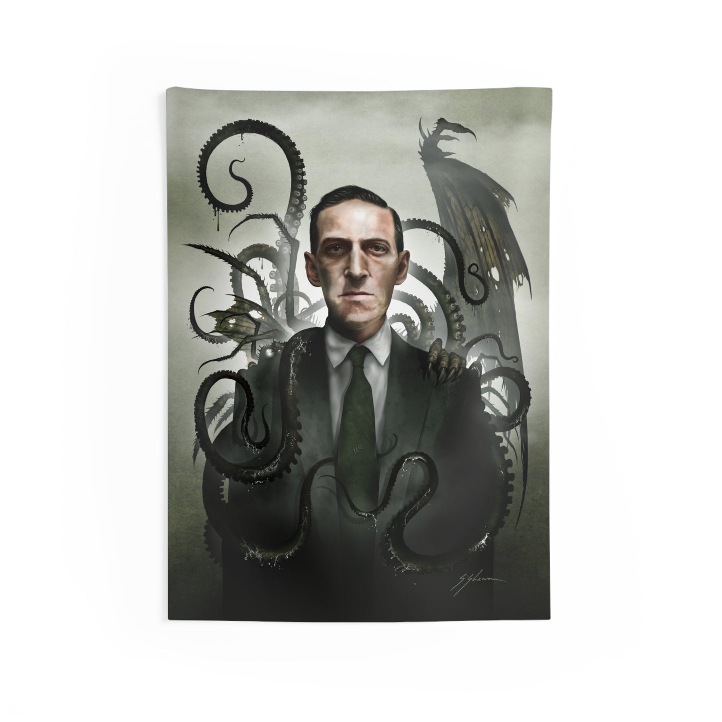 H.P. Lovecraft indoor wall tapestry — original cosmic horror dark art by Mister Sam Shearon