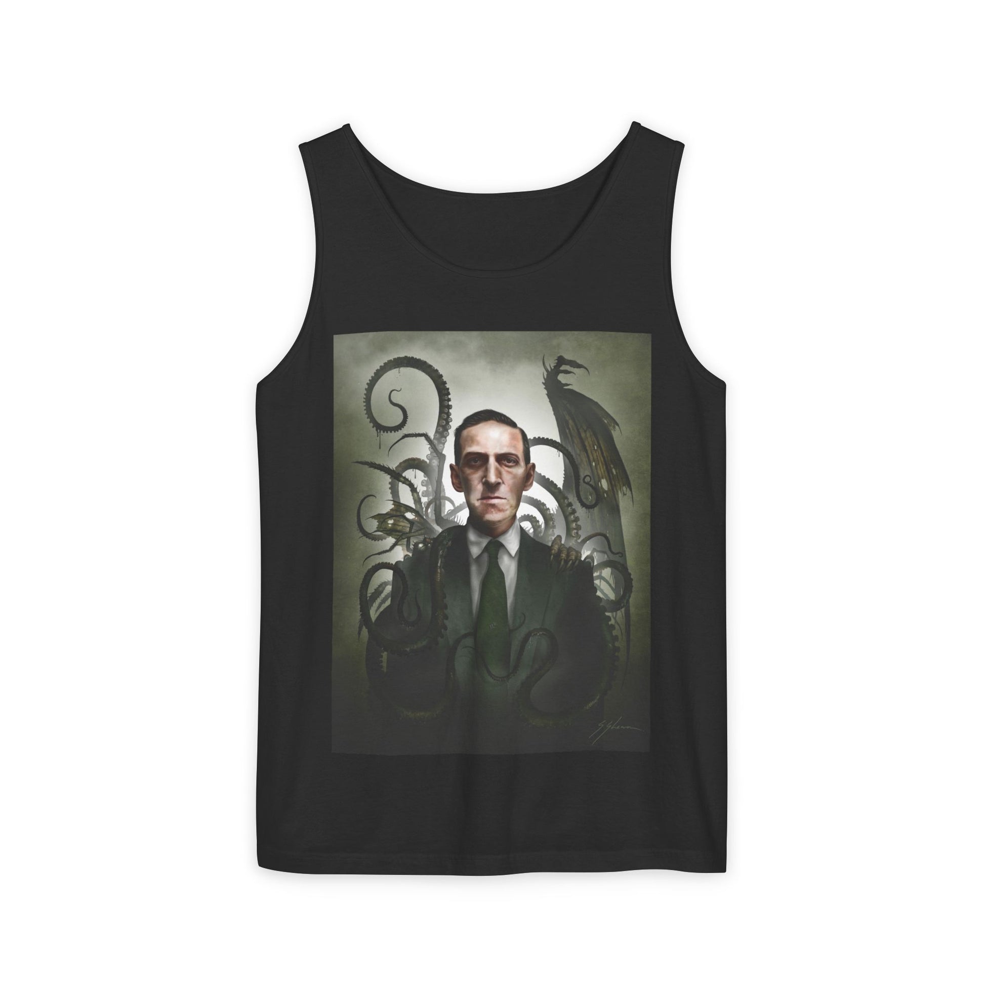 H.P. Lovecraft unisex garment-dyed tank top — original cosmic horror dark art by Mister Sam Shearon