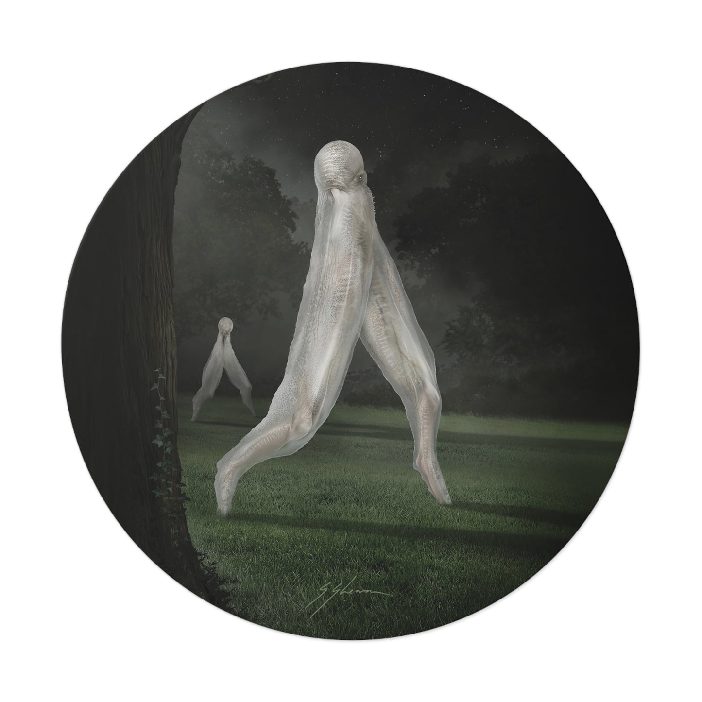 Nightcrawler round vinyl sticker — original cryptid dark art by Mister Sam Shearon