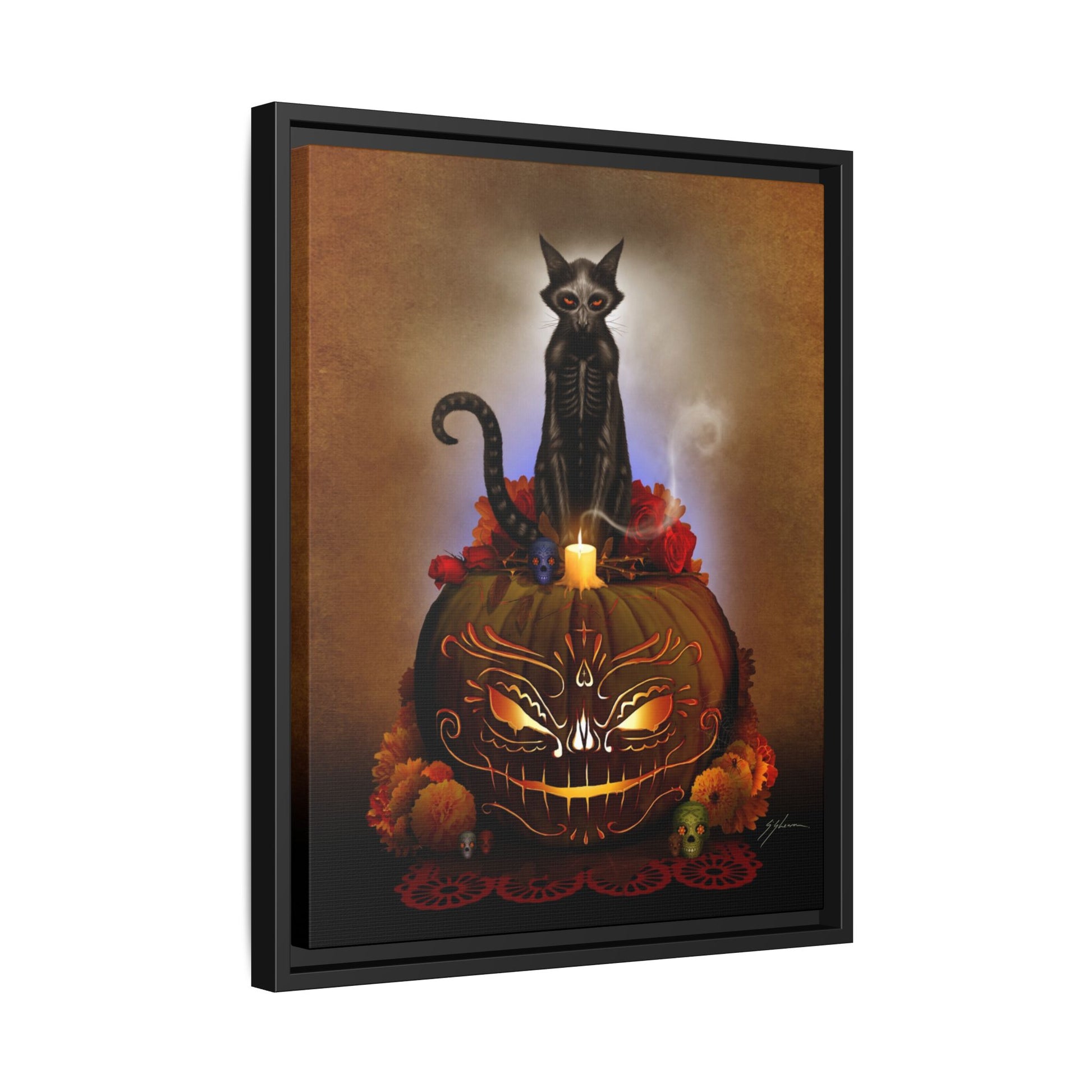 Día De Los Meowtos framed canvas on wall — Mister Sam Shearon dark art home decor