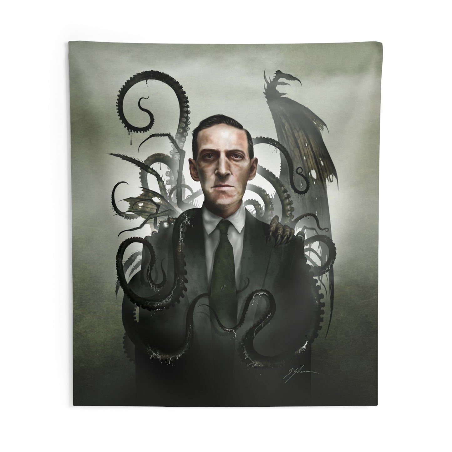 H.P. Lovecraft indoor wall tapestry — Mister Sam Shearon dark art Lovecraftian home decor gift 