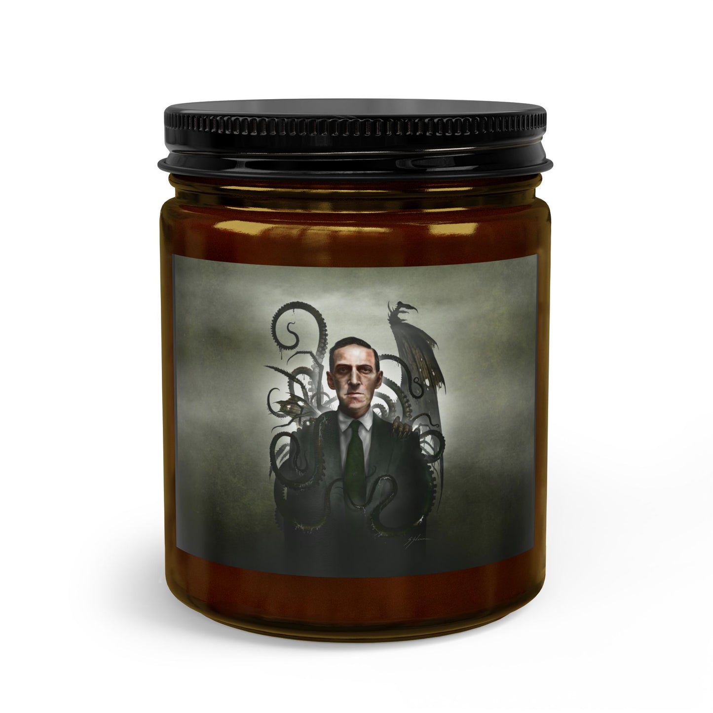 H.P. Lovecraft candle gift set flat lay — Mister Sam Shearon Cthulhu dark art 
